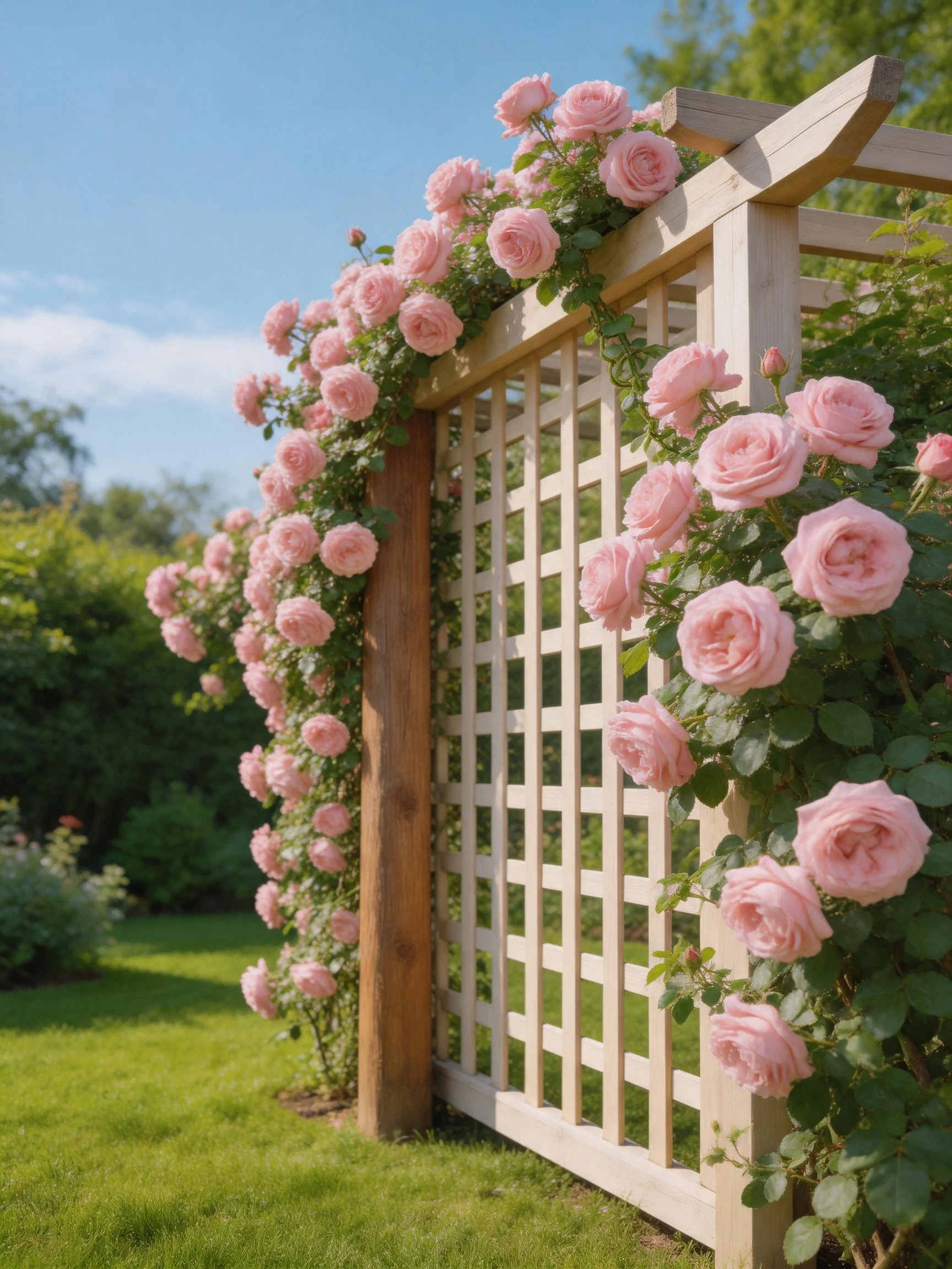Pink roses climb a wooden lattice trellis in a sunlit garden