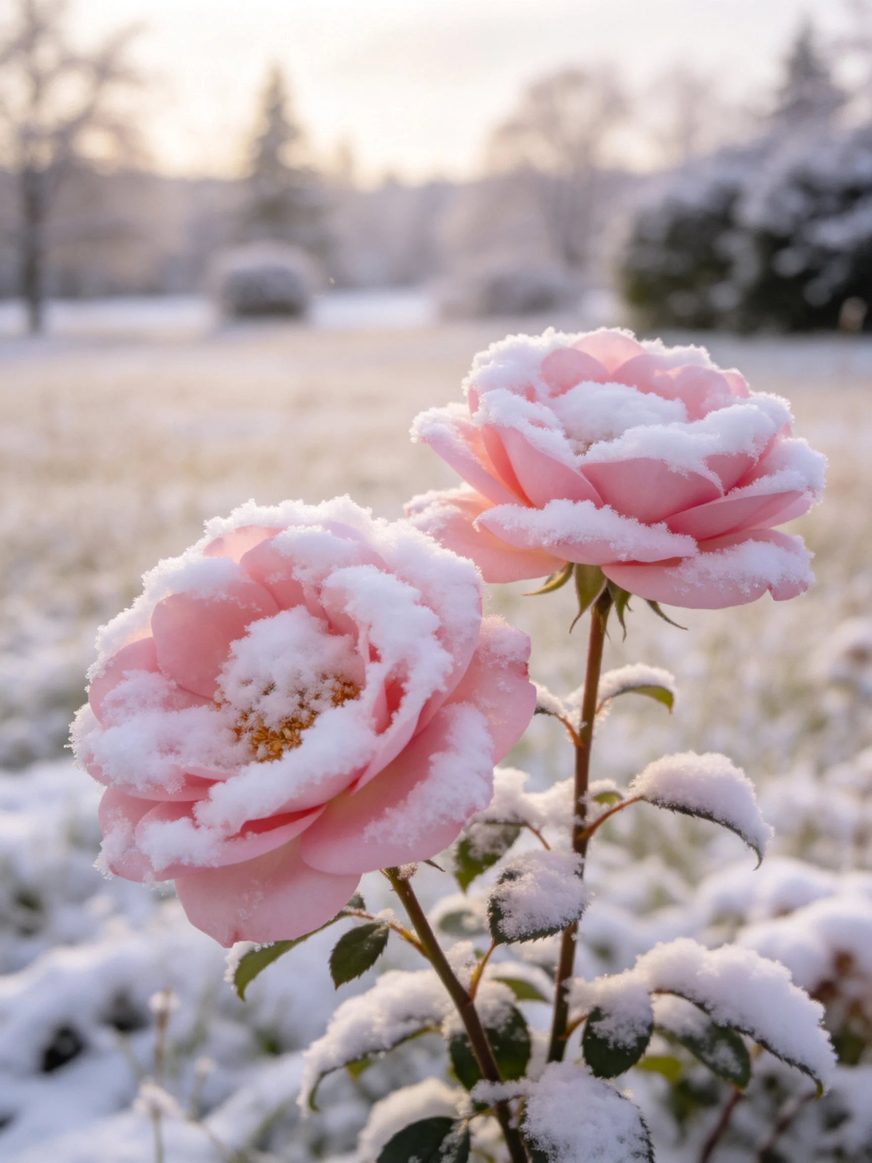 Pink roses dusted with snow in a wintry landscape