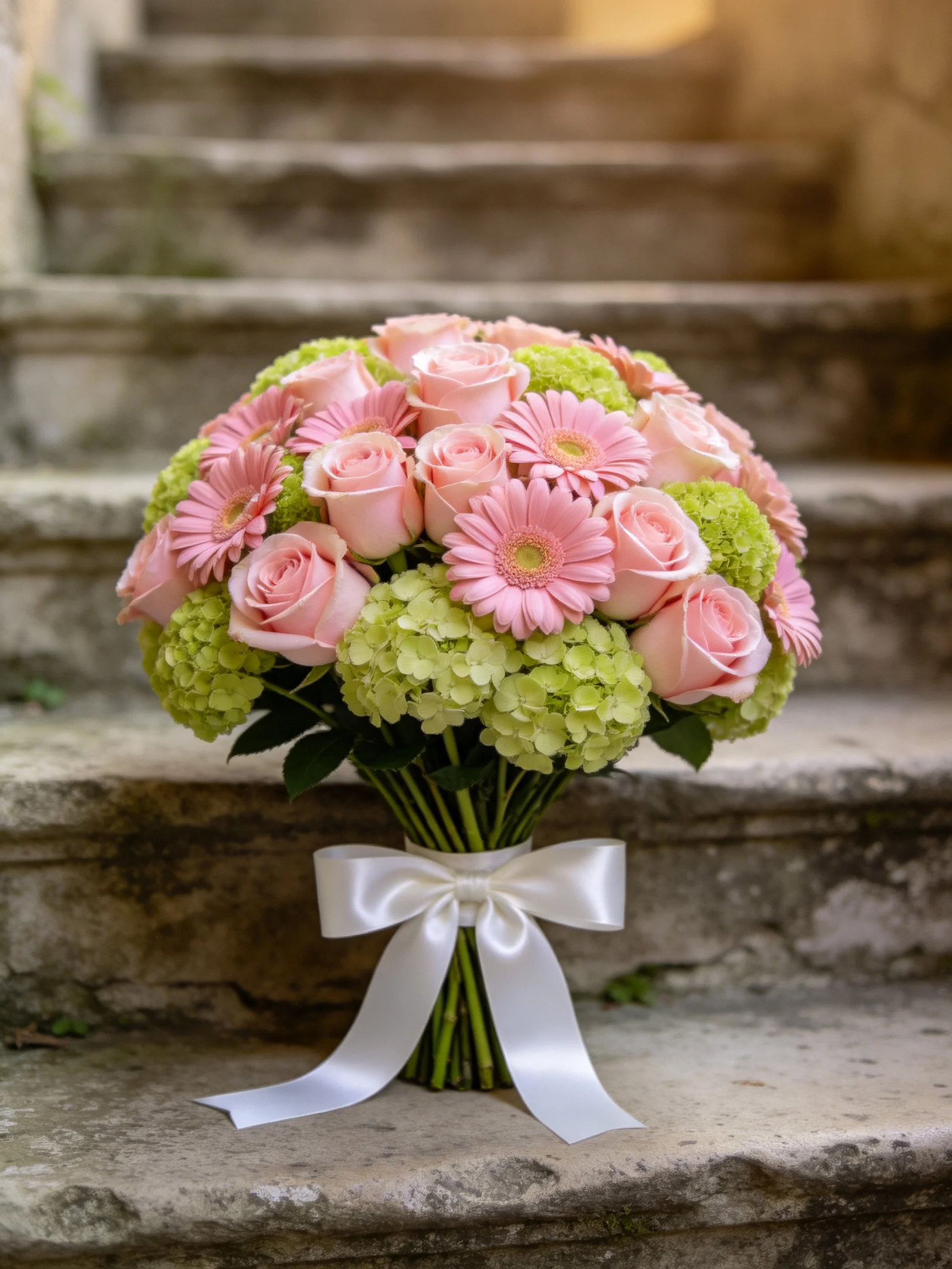 Pink roses, pink gerbera daisies, green hydrangeas bouquet with white ribbon on stone steps