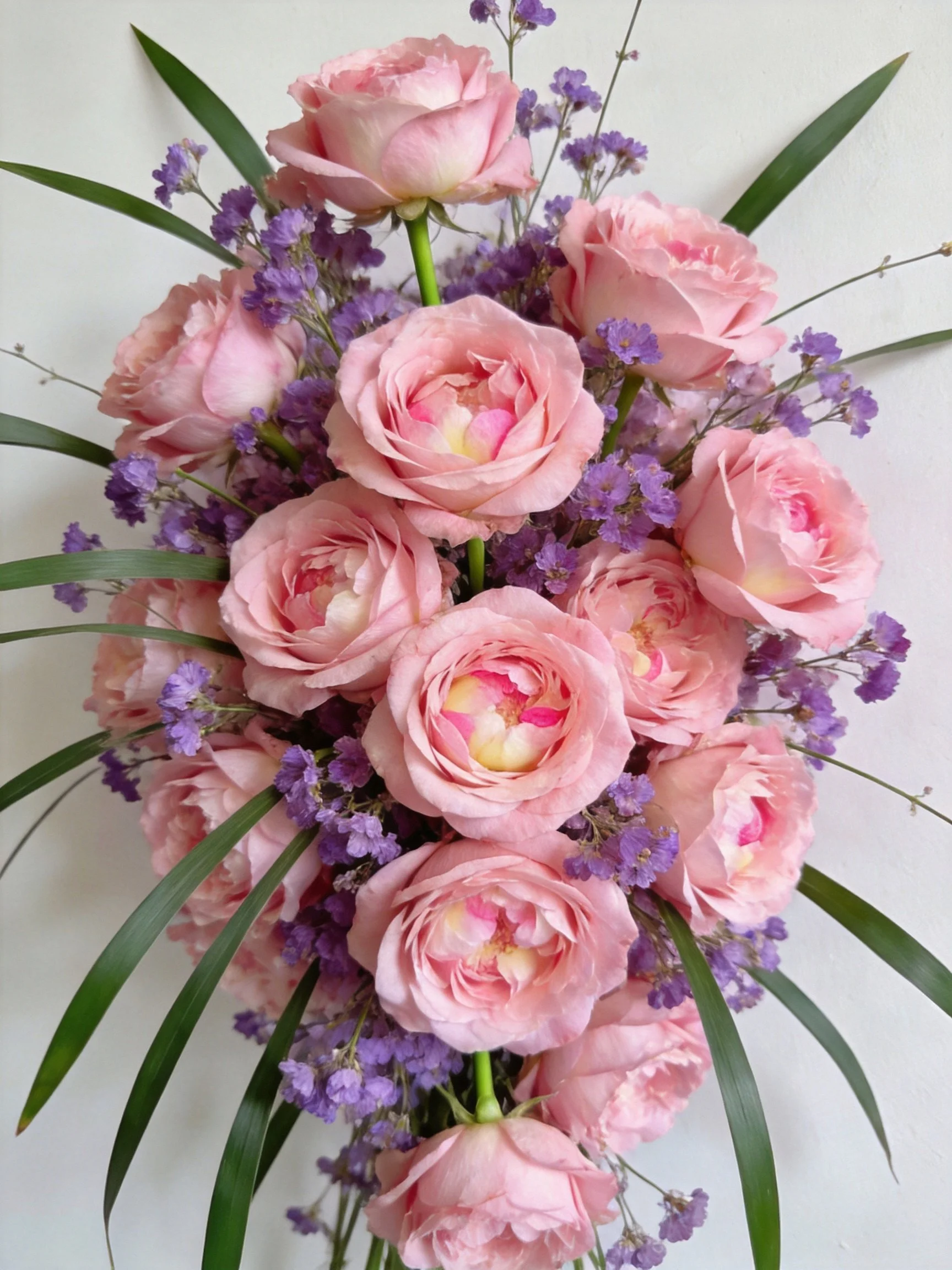 Pink roses, purple statice, and green foliage in a floral arrangement