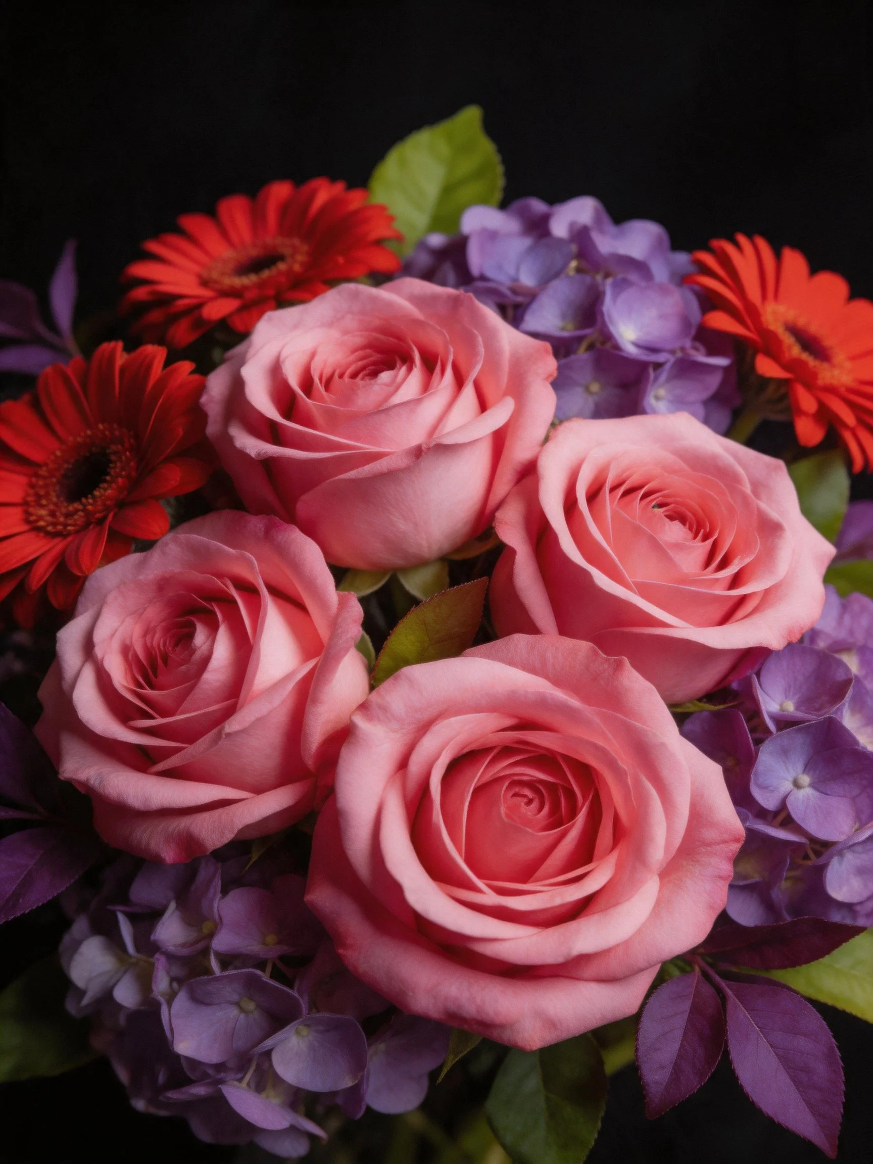 Pink roses, red gerbera daisies, and purple hydrangeas in a floral arrangement