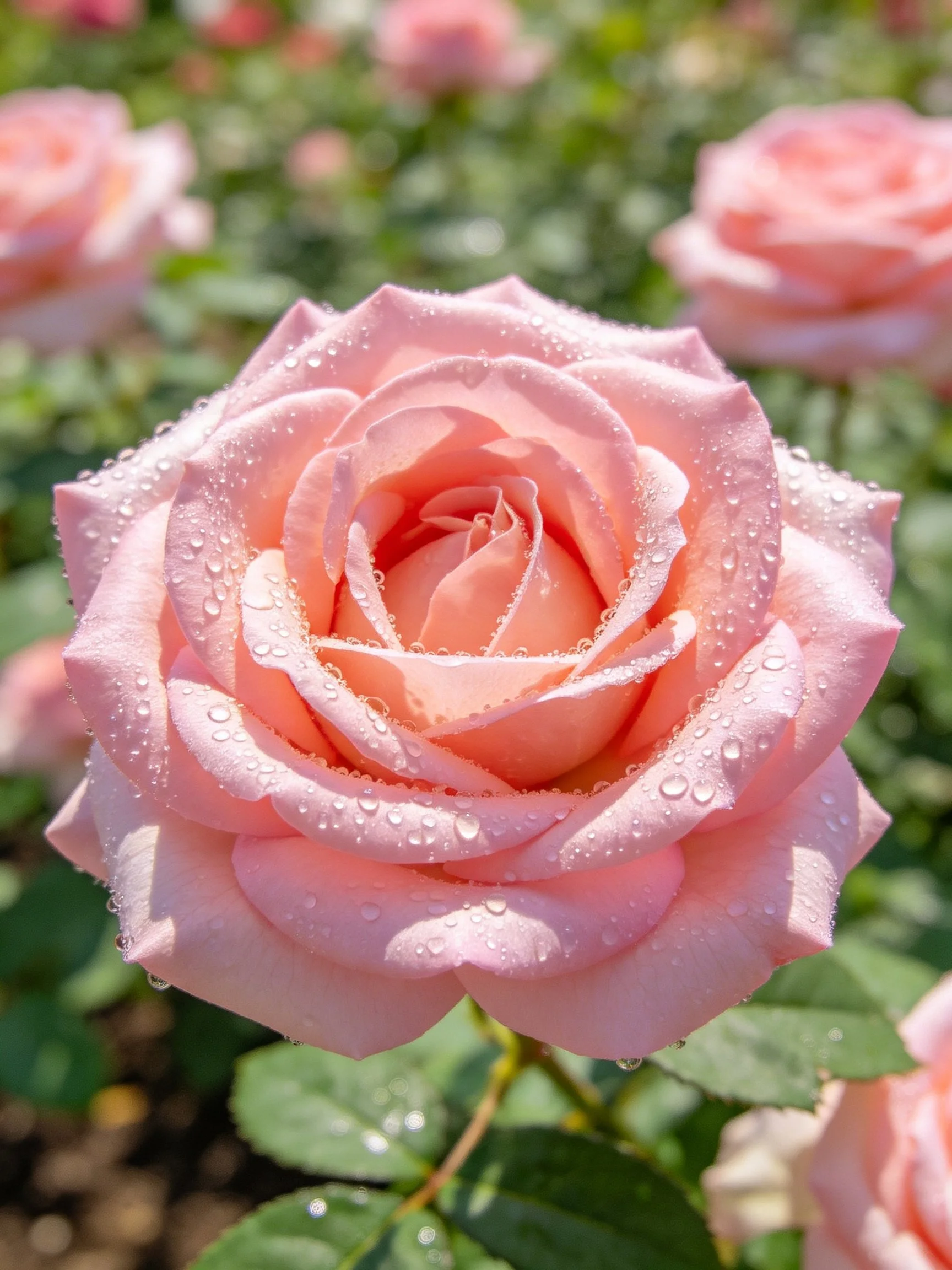 Pink roses with dewdrops in a vibrant garden