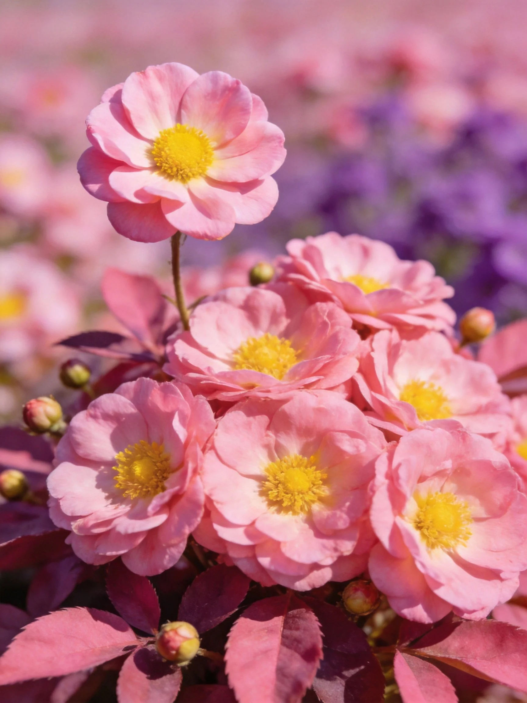 Pink roses with yellow centers amid purple floral backdrop