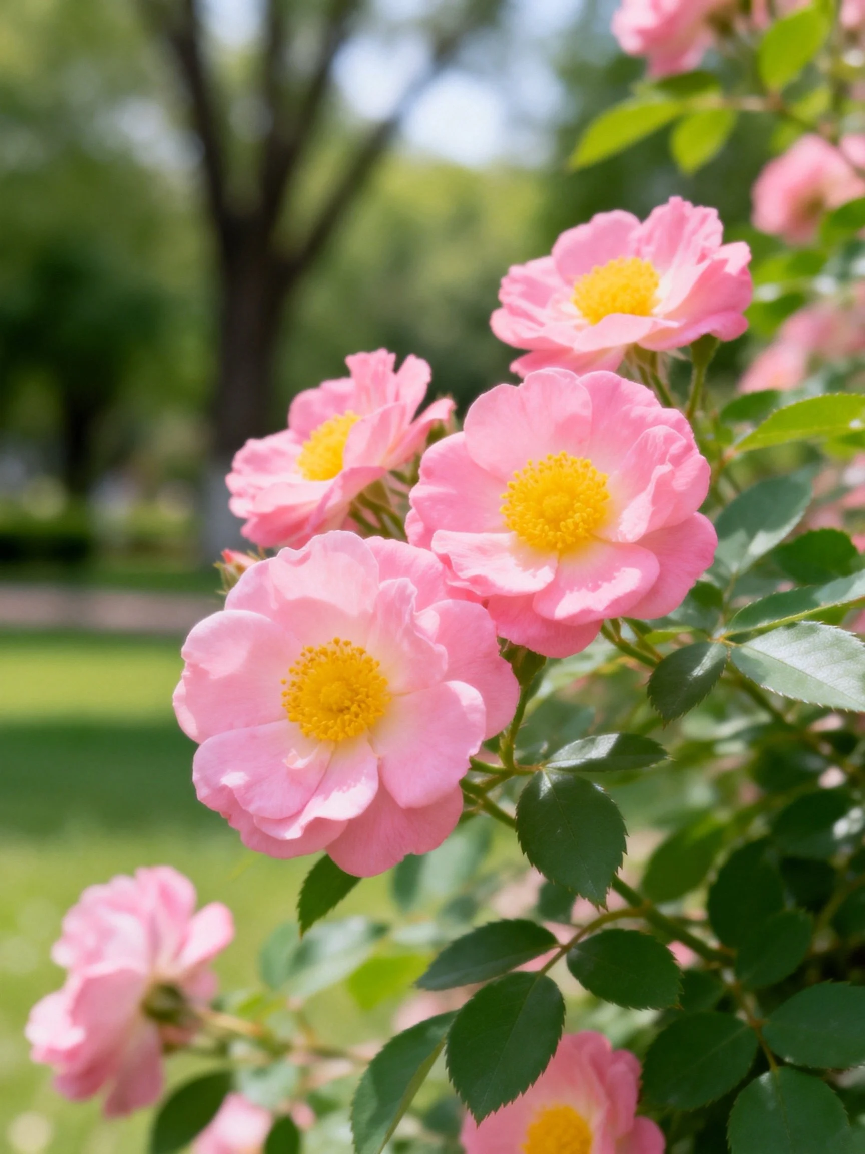 Pink roses with yellow centers blooming among green foliage outdoors