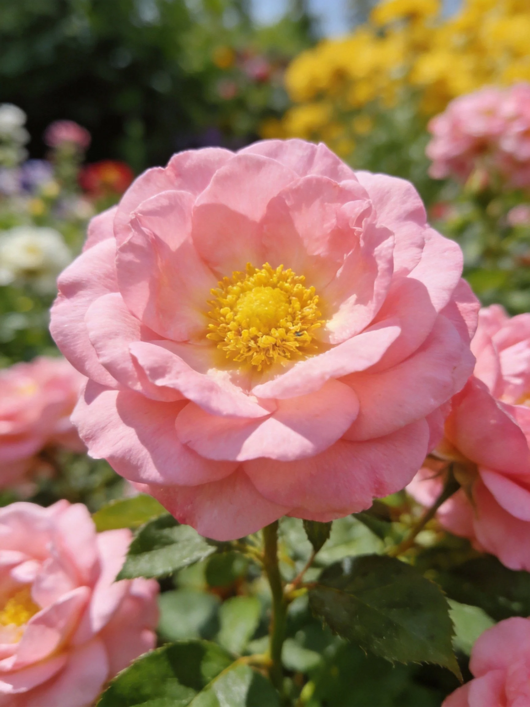 Pink roses with yellow centers in a colorful garden