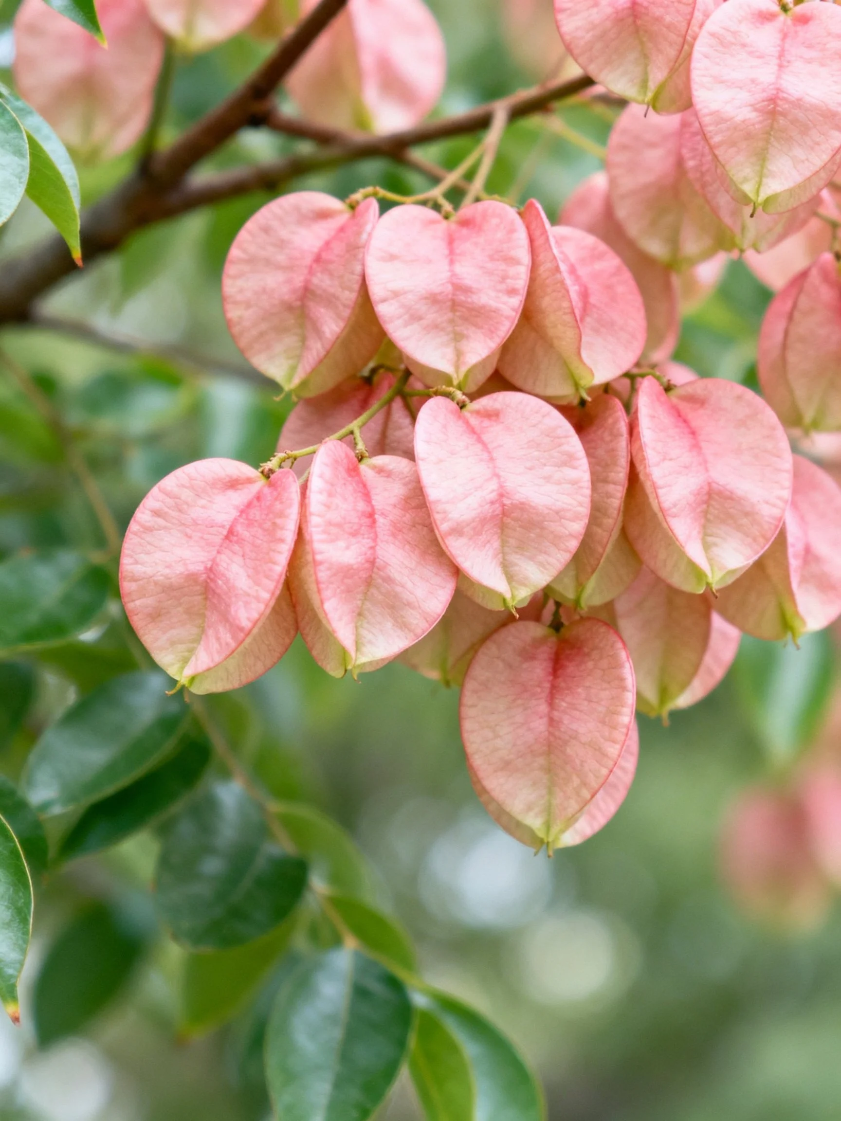 Pink seed pods cluster among green foliage on a tree branch