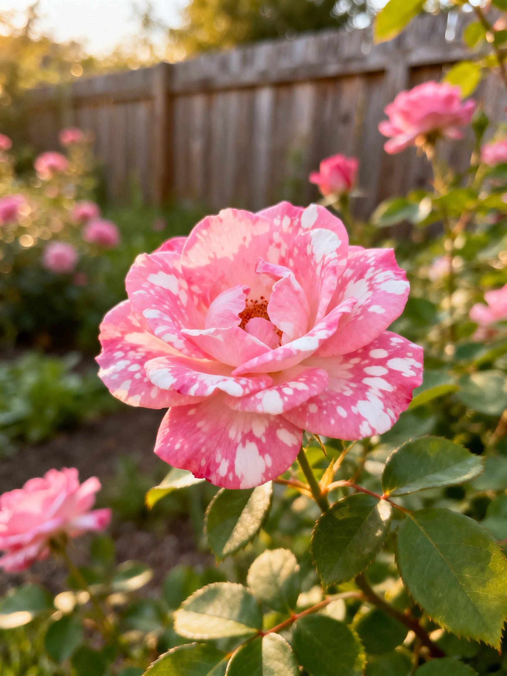 Pink speckled roses bloom near a wooden fence