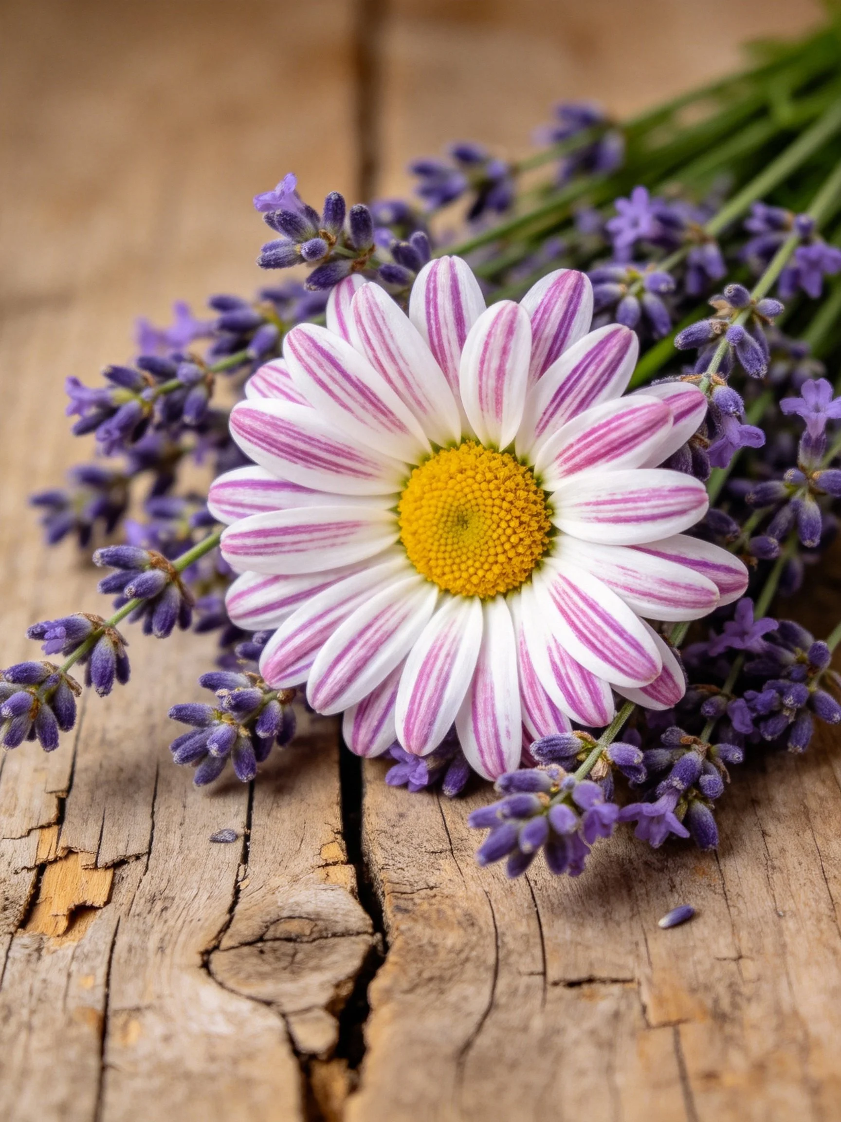 Pink-striped daisy and lavender bouquet on rustic wood