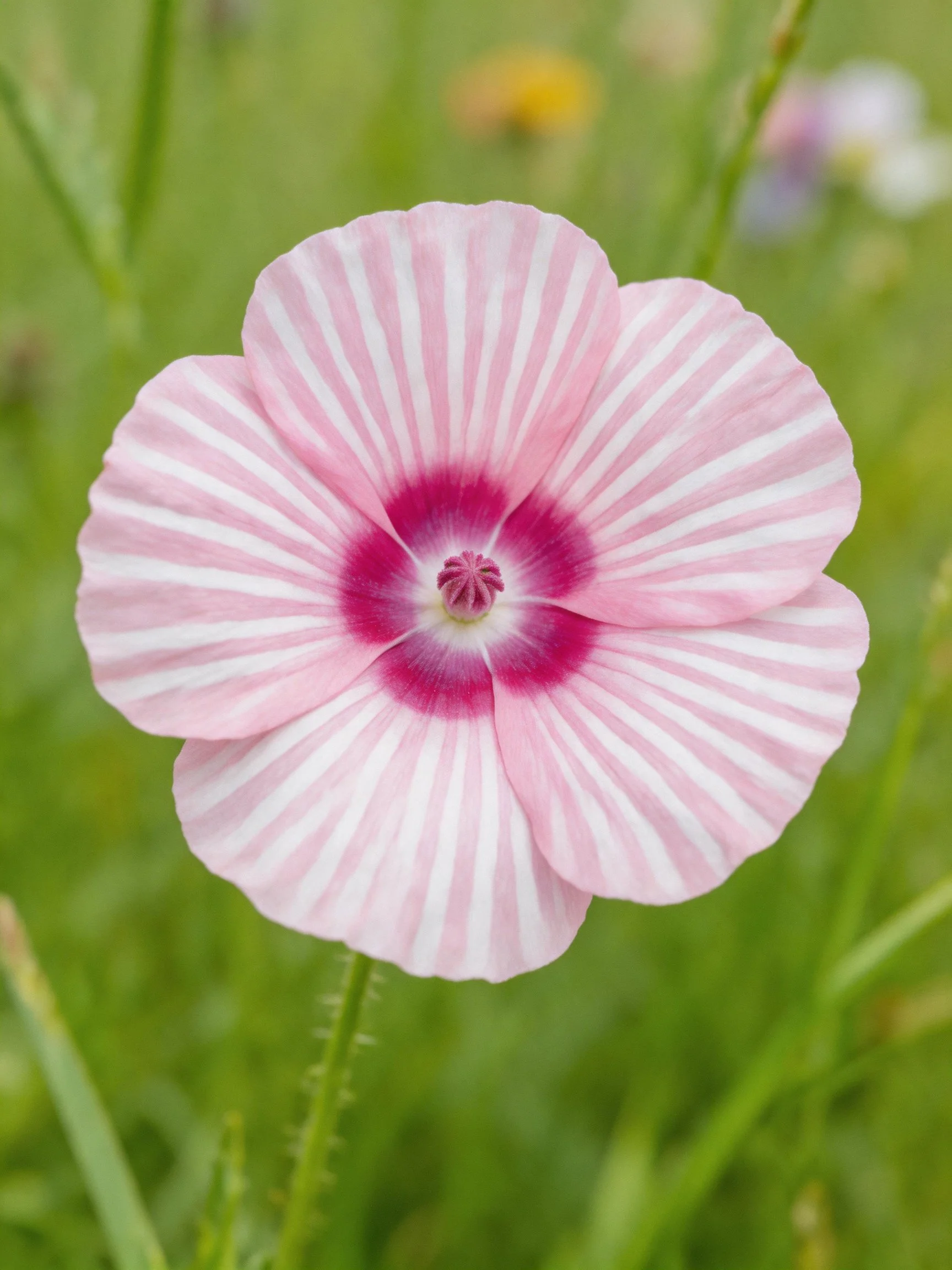 Pink striped flower with magenta center amid green foliage