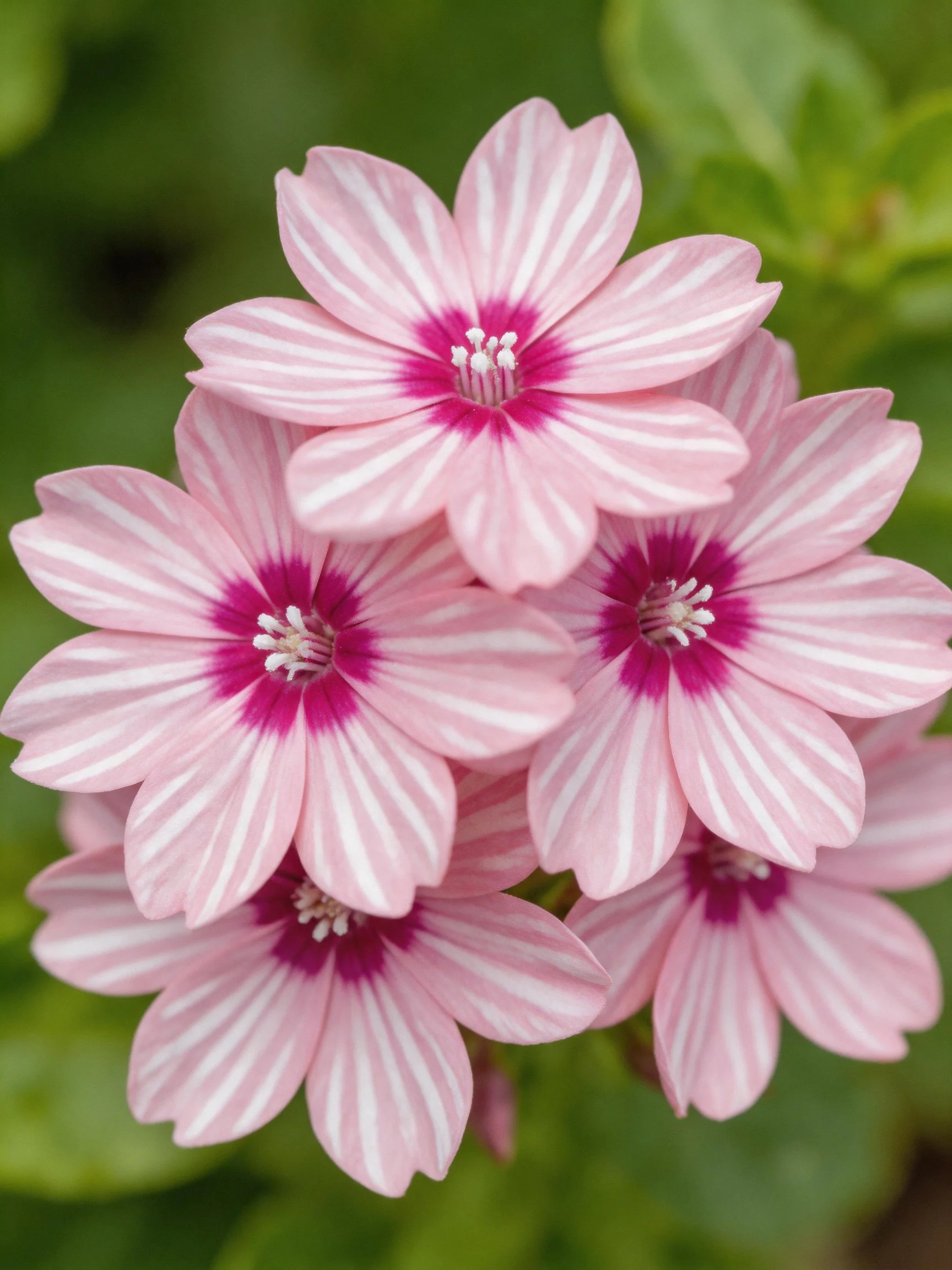 Pink striped flowers with magenta centers clustered among green foliage