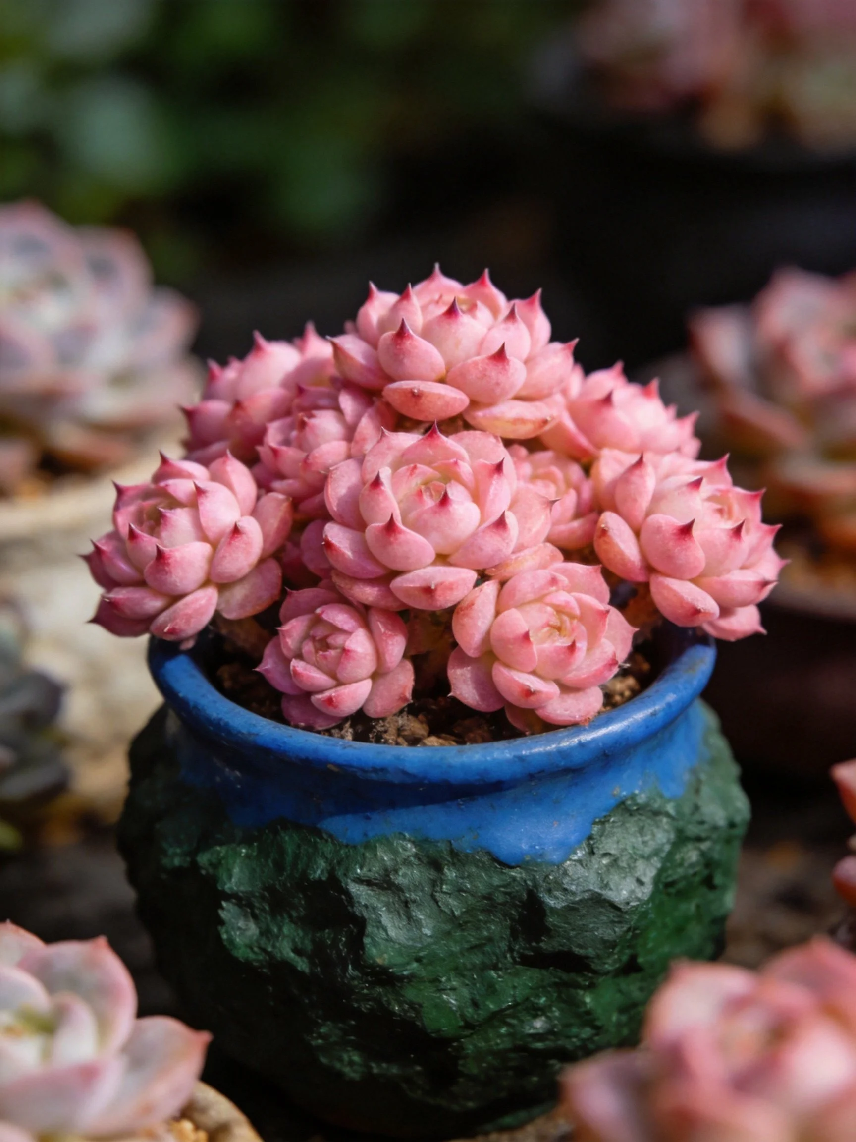 Pink succulents in a textured two-tone blue-green pot