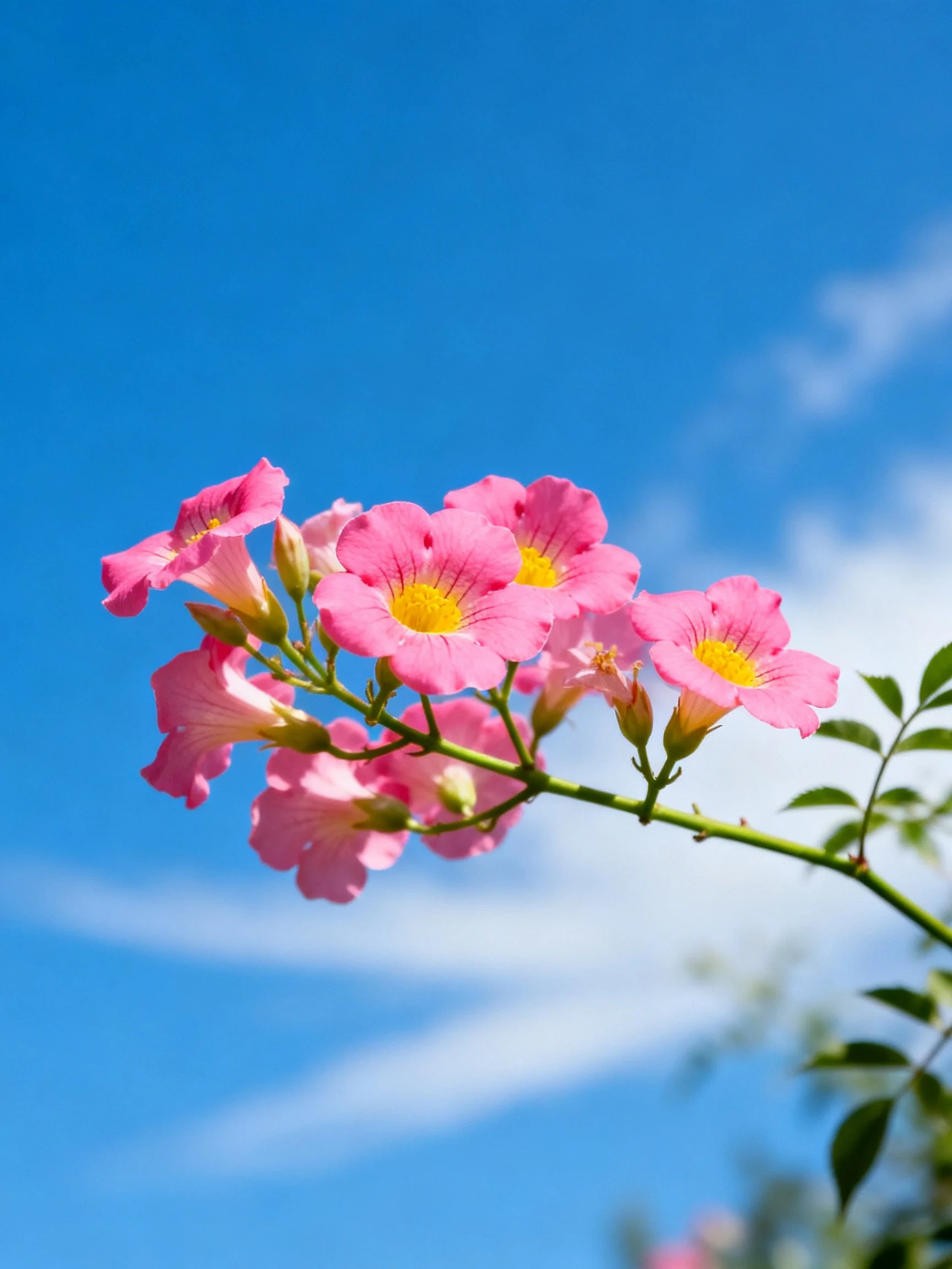 Pink trumpet - shaped flowers bloom against a clear blue sky