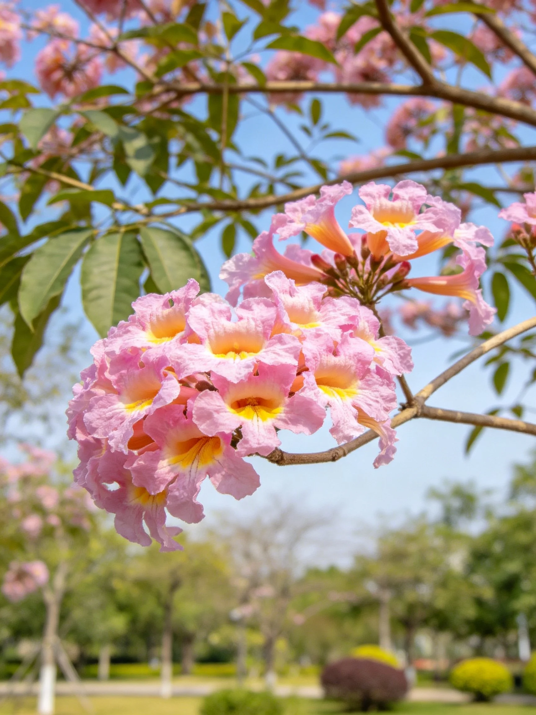 Pink trumpet - shaped flowers cluster on a leafy branch