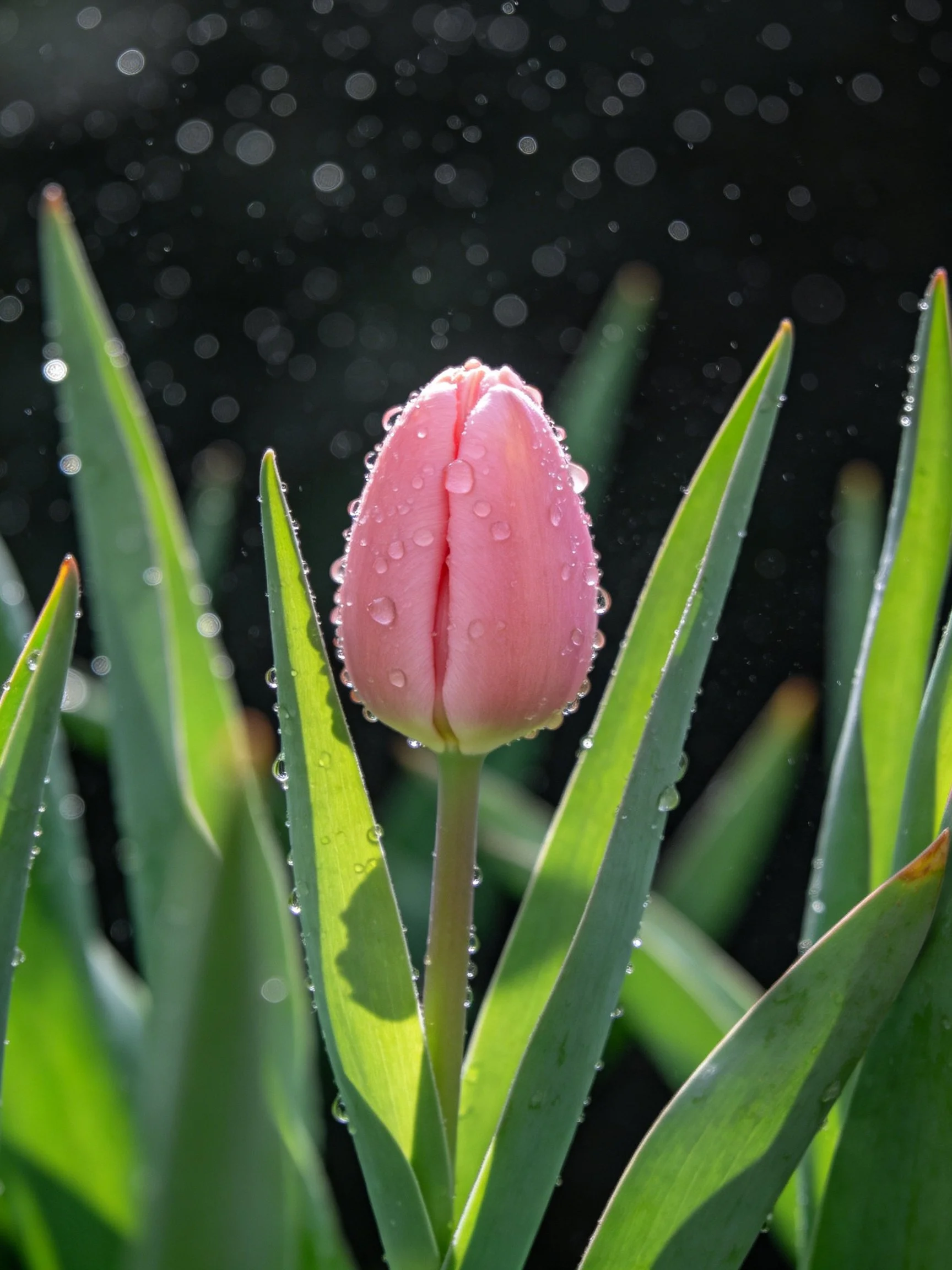 Pink tulip bud with water droplets among green leaves