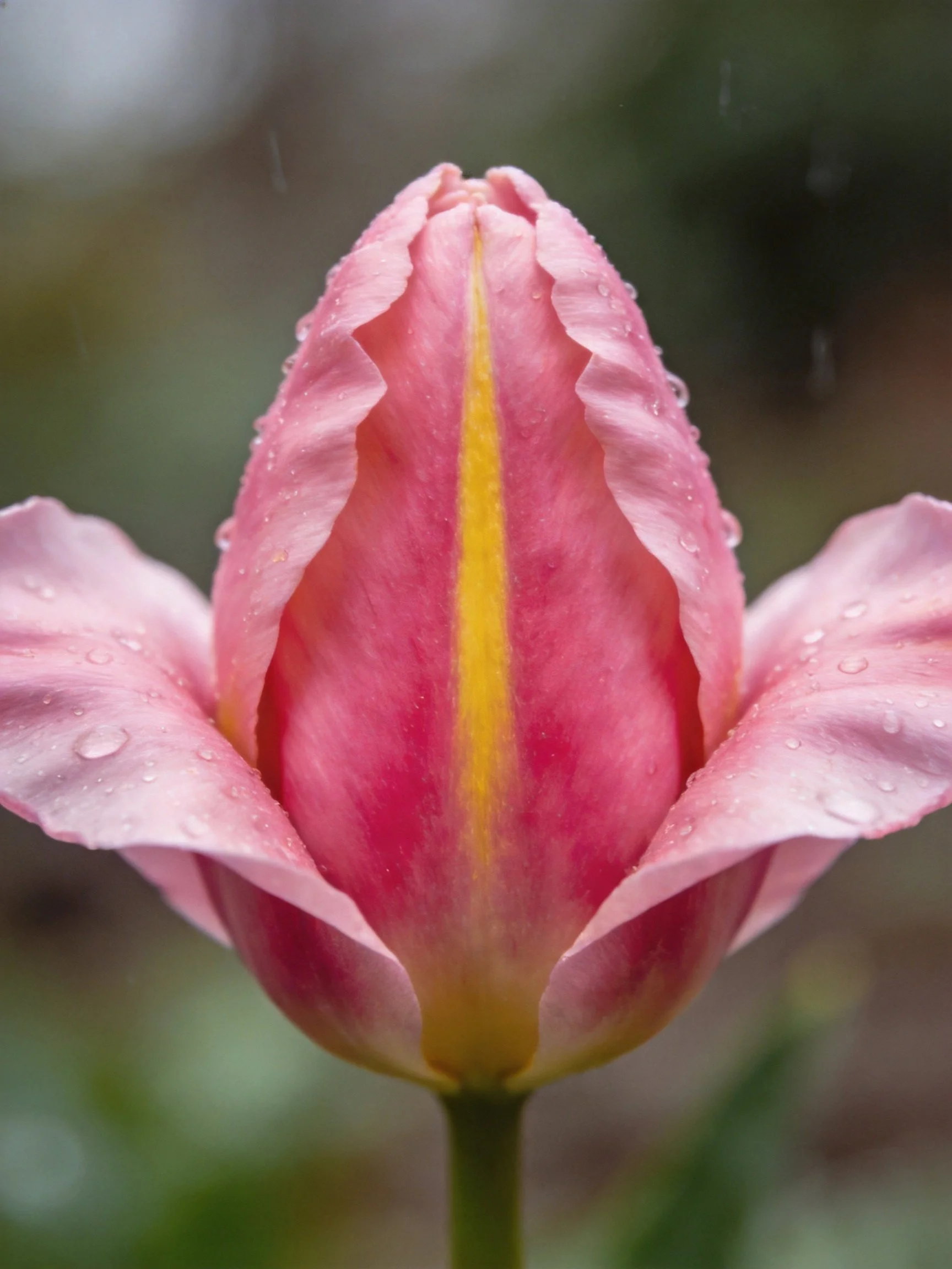 Pink tulip bud with water droplets and central yellow stripe