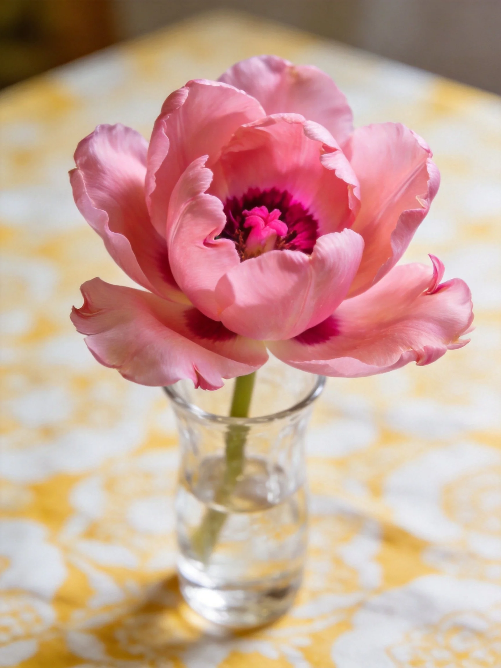 Pink tulip in clear glass vase on patterned cloth