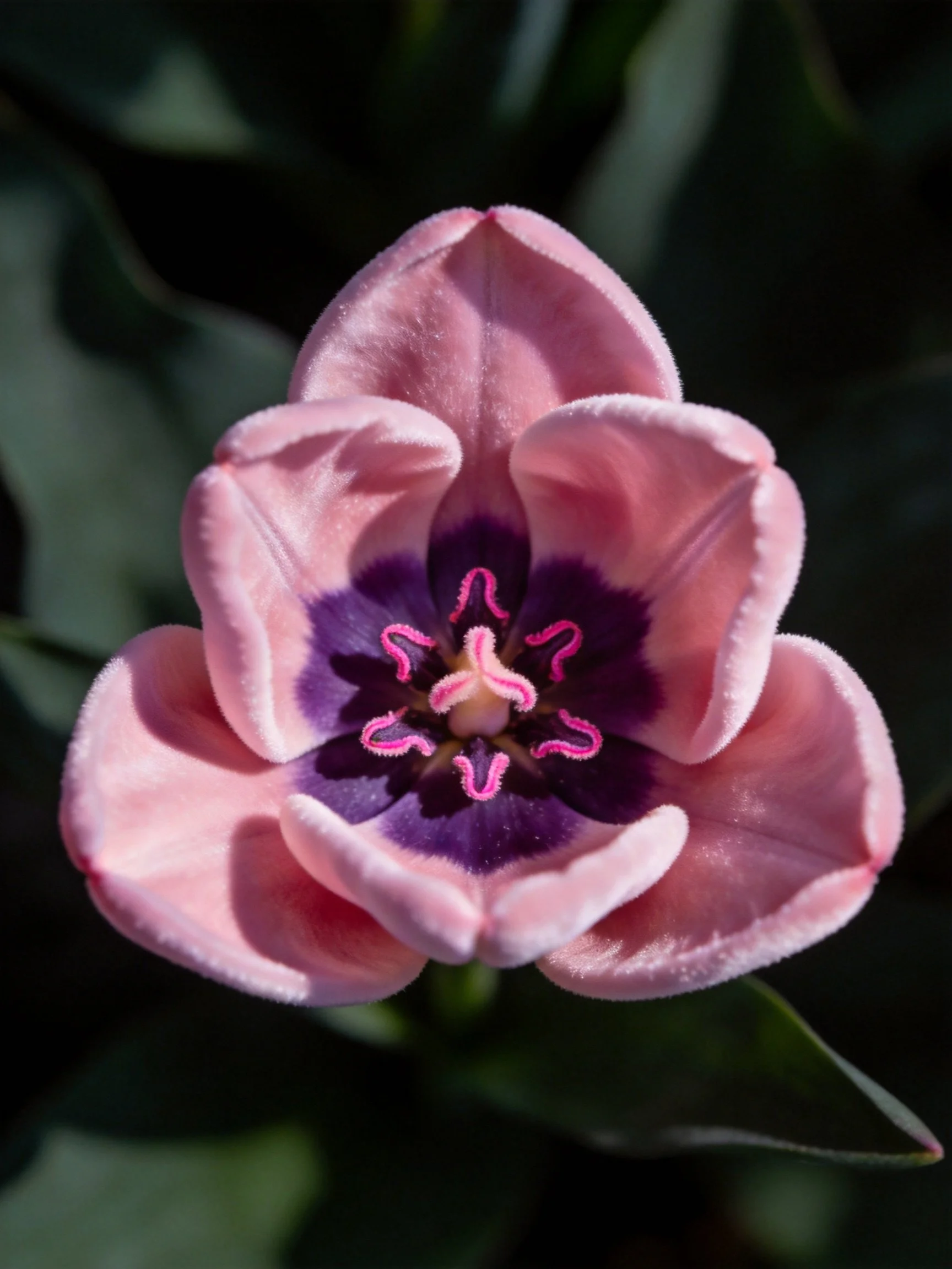 Pink tulip with deep purple center and pink stamens