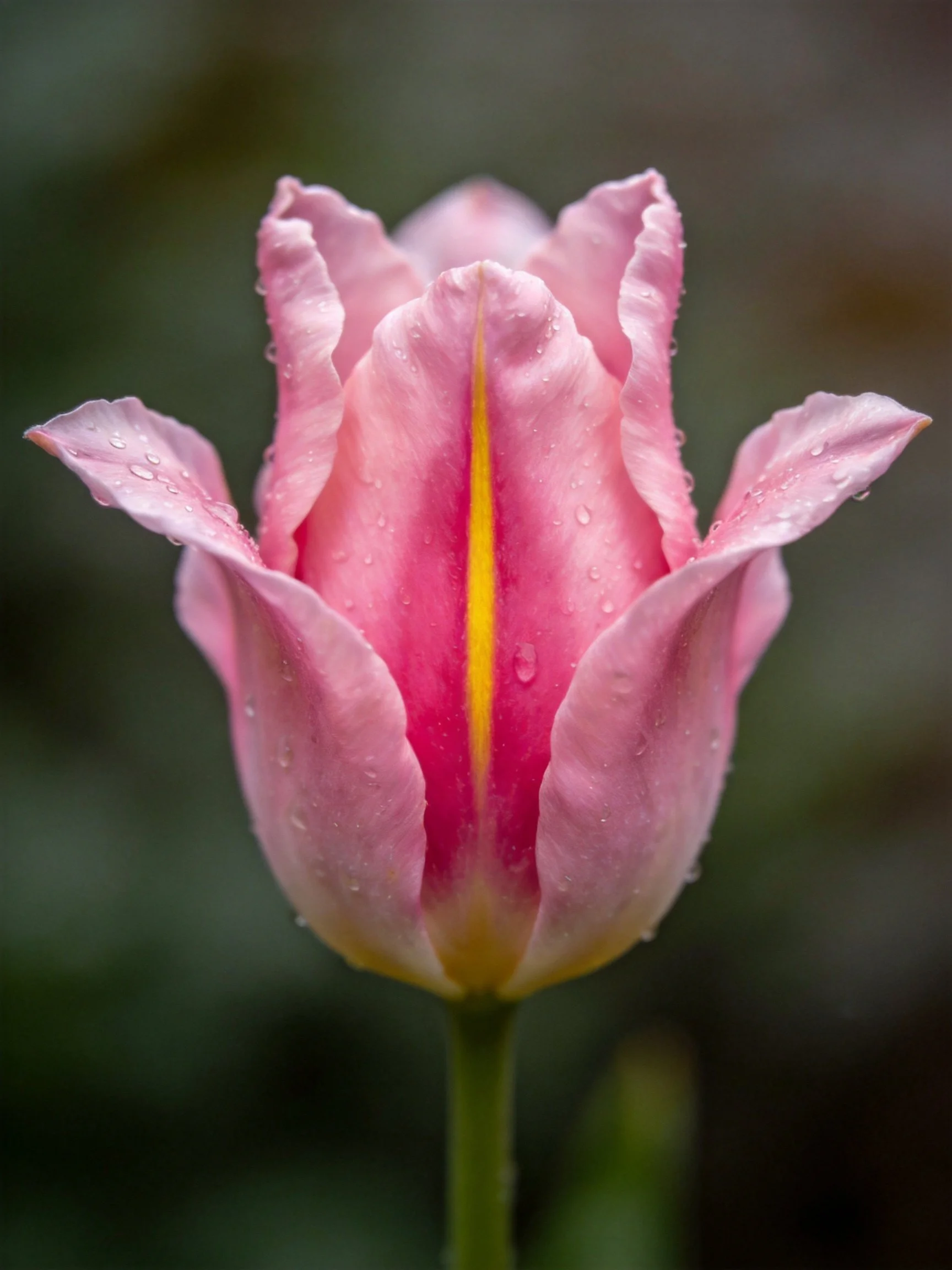 Pink tulip with water droplets and yellow center