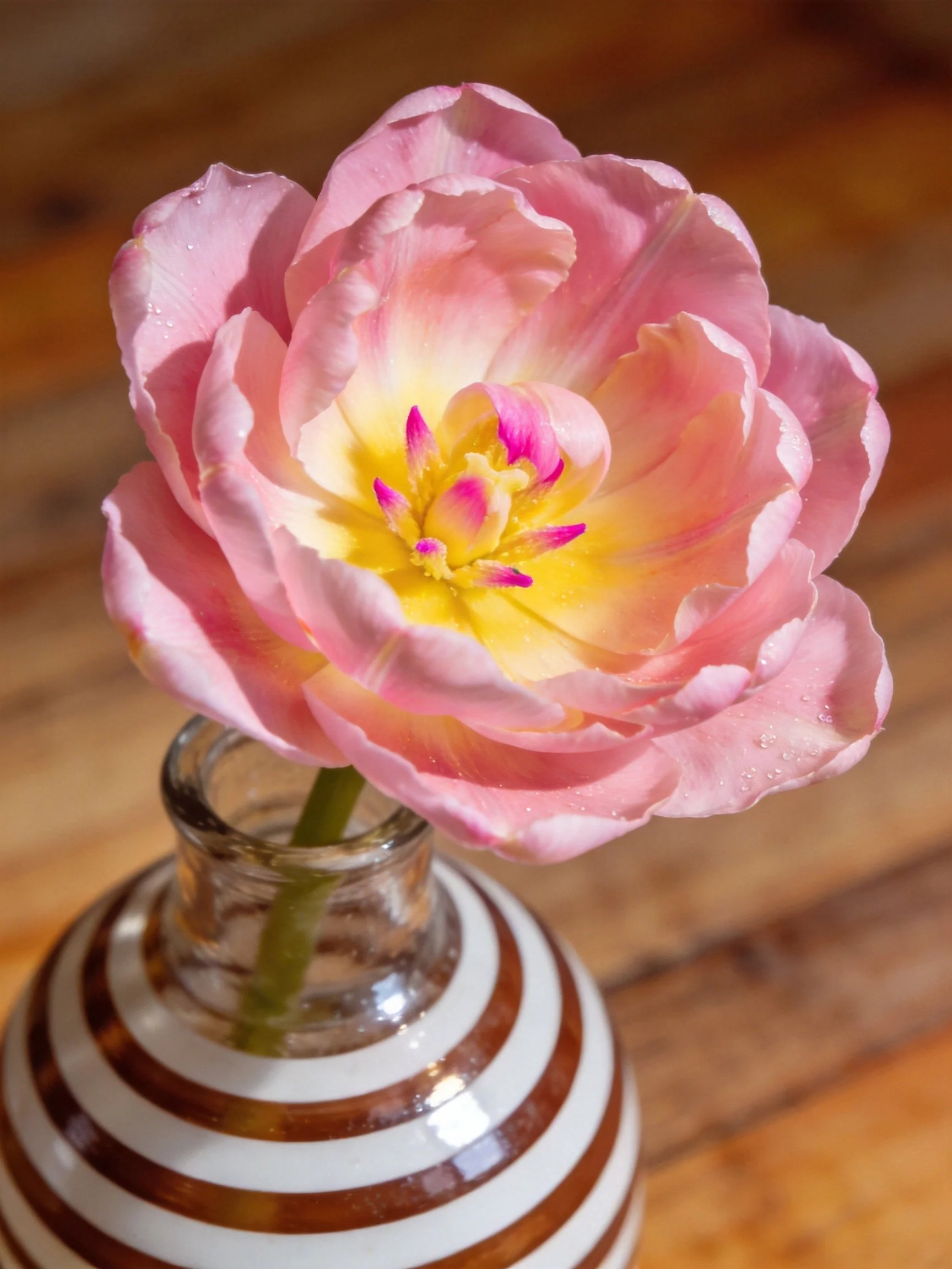 Pink tulip with yellow center in striped glass vase
