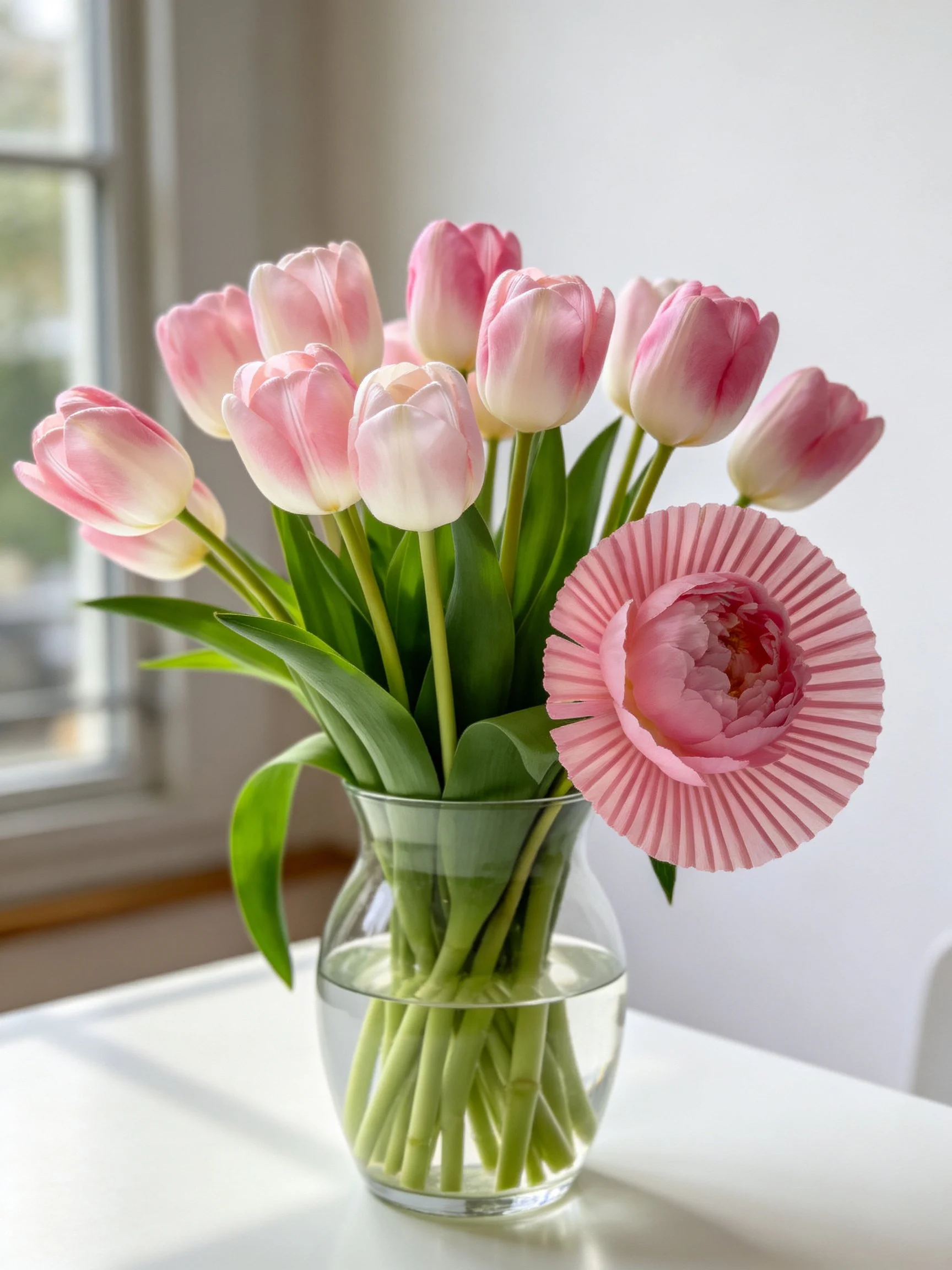 Pink tulips and decorative flower in clear glass vase
