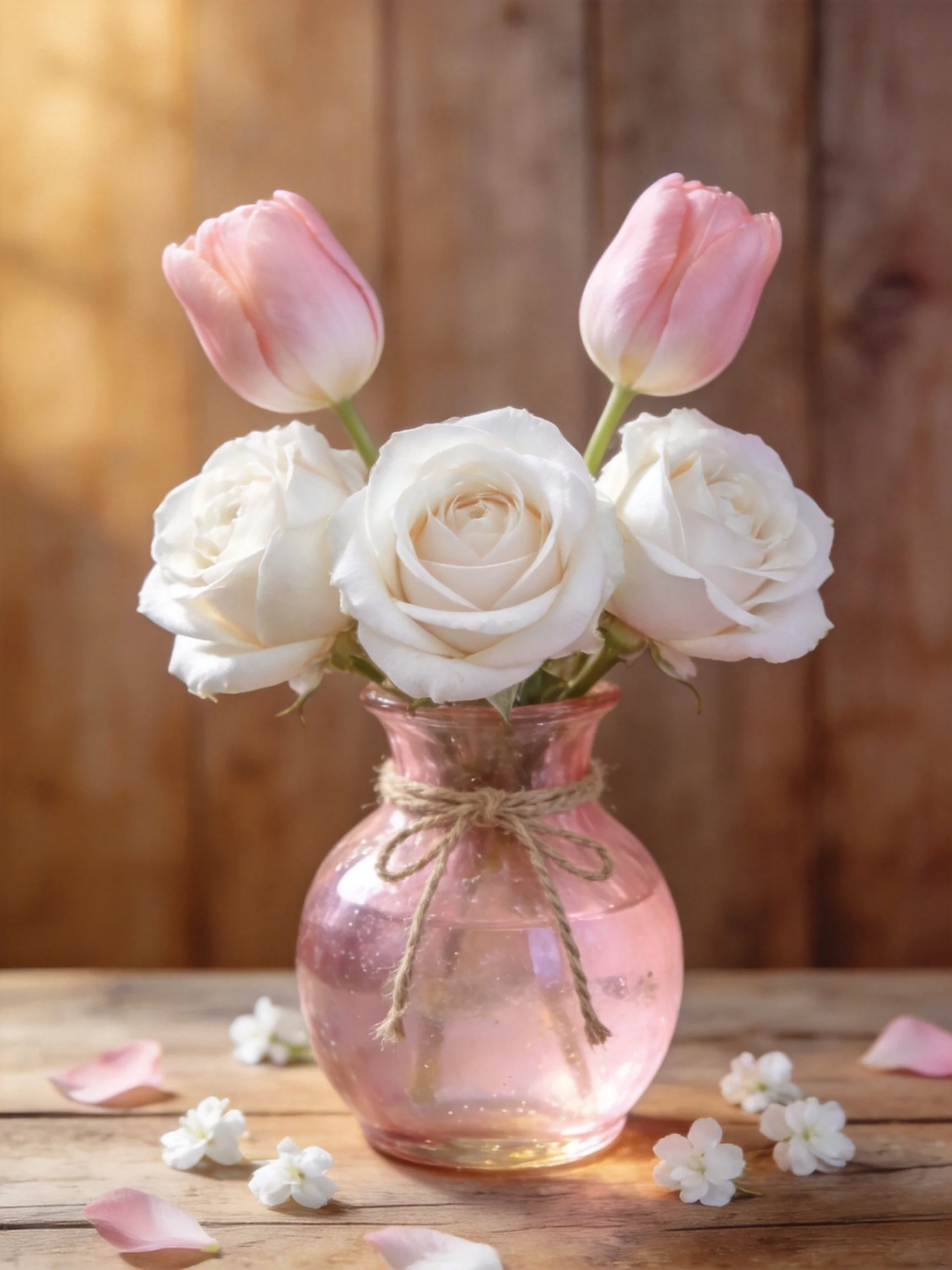Pink tulips and white roses in a glass vase on a wooden table