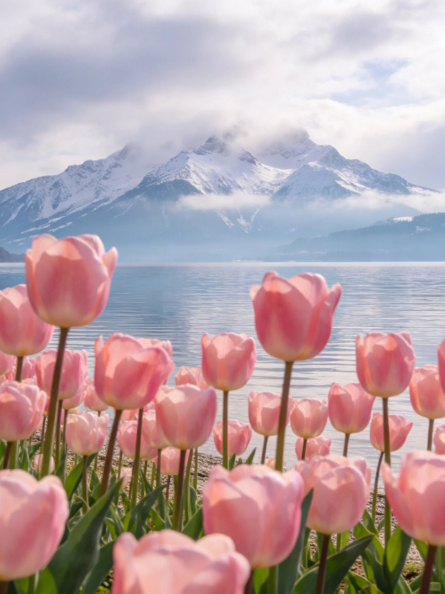 Pink tulips bloom by tranquil lake with misty snow-capped mountains