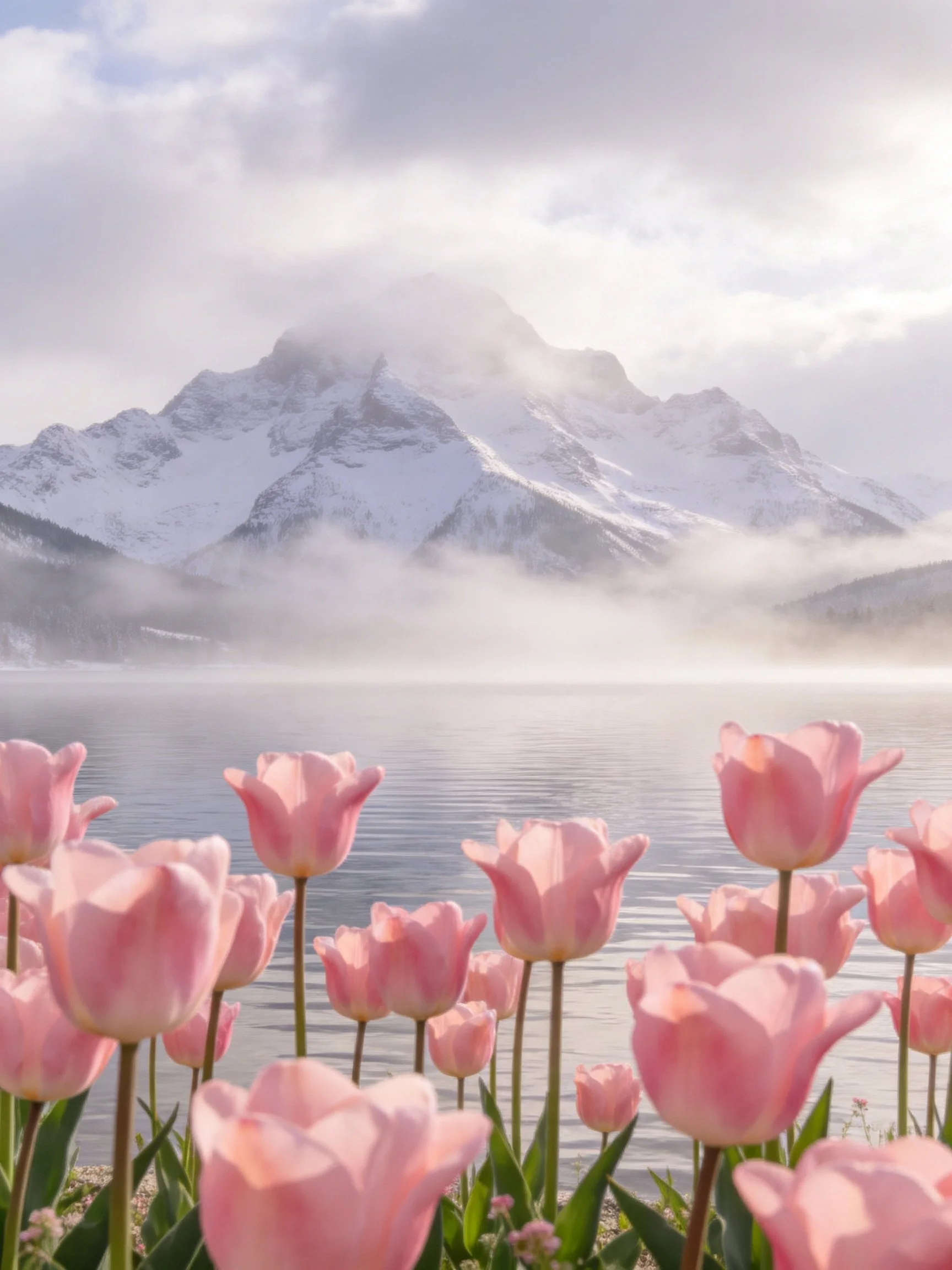 Pink tulips by a misty lake with snow - capped mountains