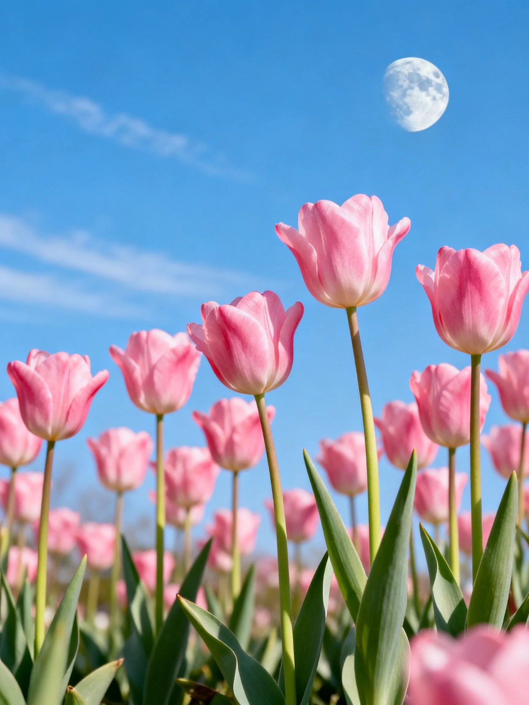 Pink tulips in a field beneath clear blue sky with moon