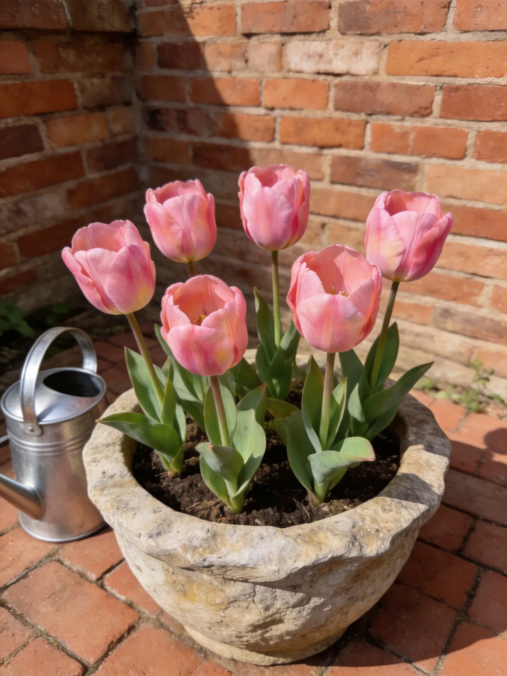 Pink tulips in a weathered stone planter beside a brick wall with a metal watering can