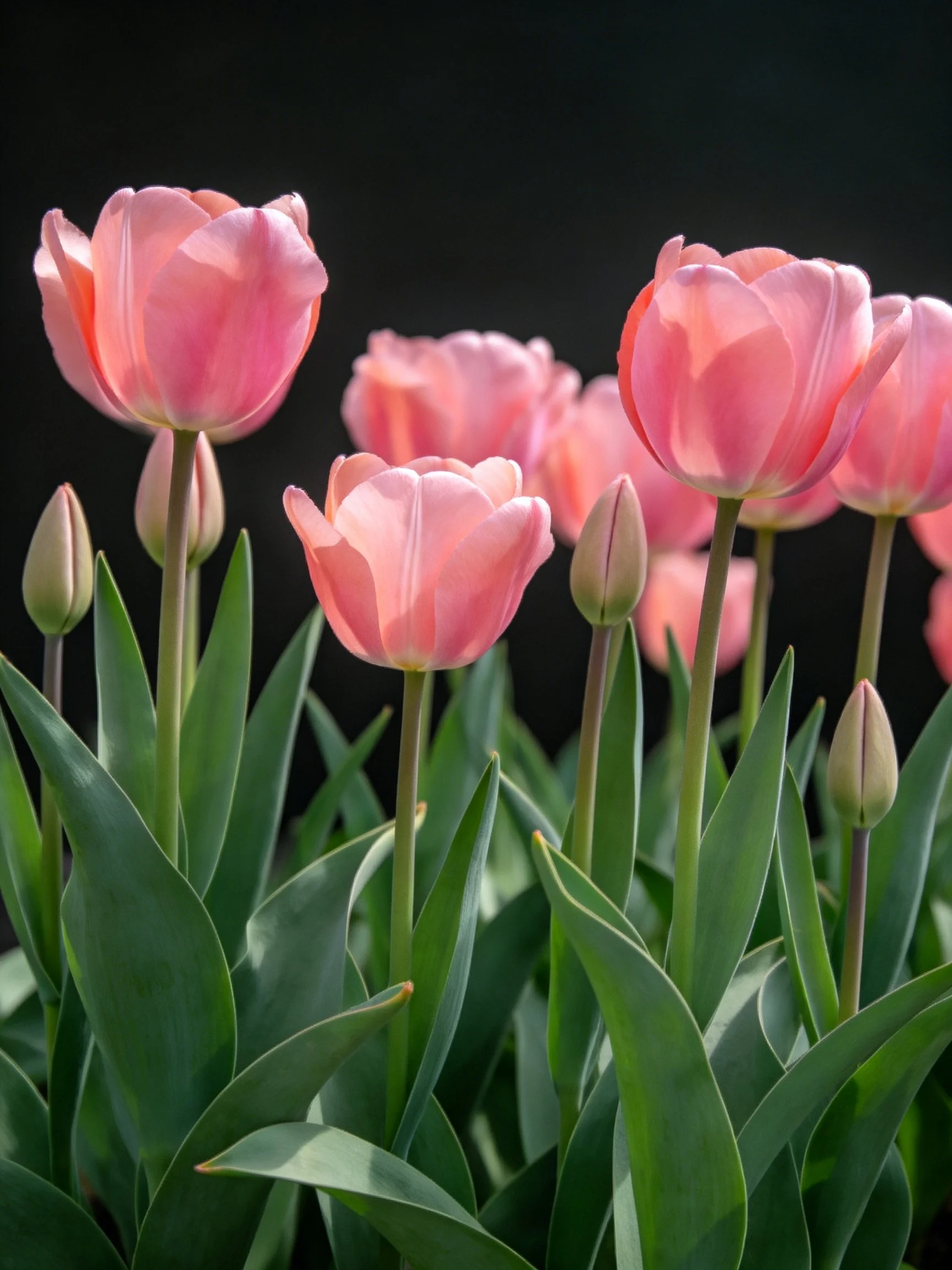 Pink tulips in full bloom with lush green foliage