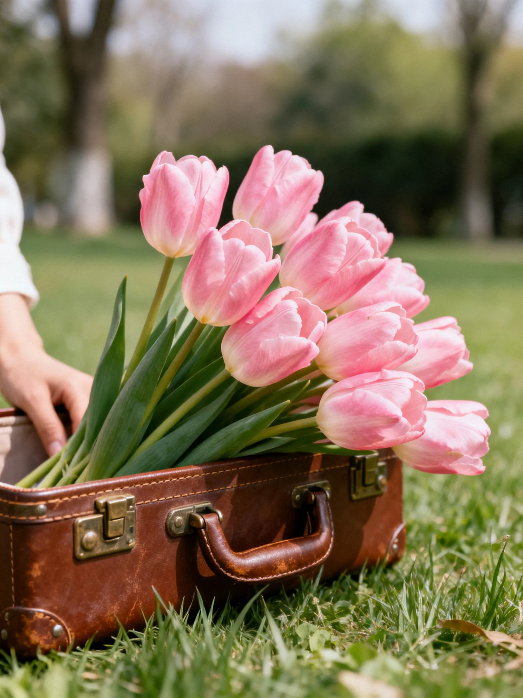 Pink tulips in vintage brown leather suitcase held by a hand on grass