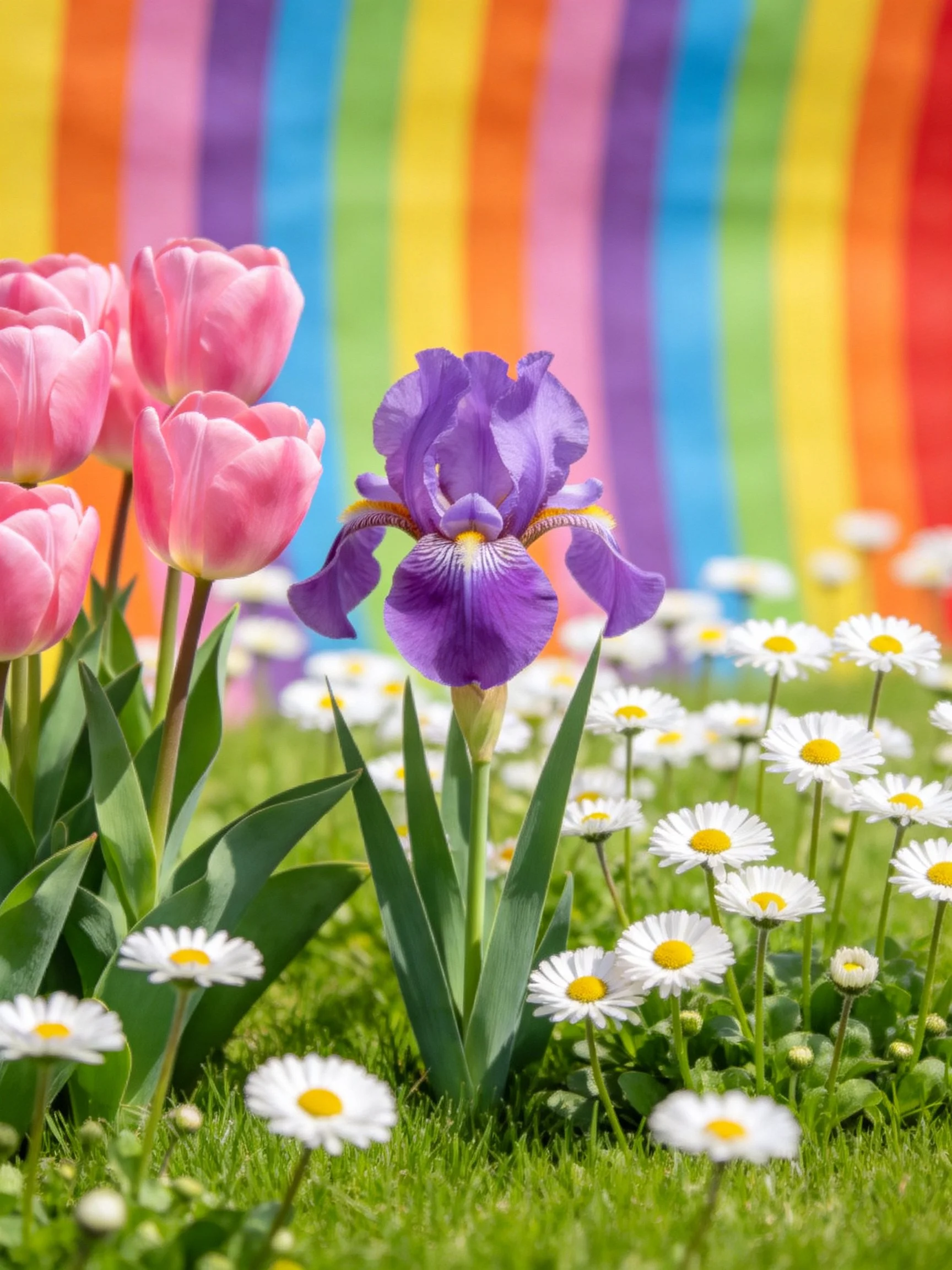 Pink tulips, purple iris, white daisies amid green grass with rainbow stripes