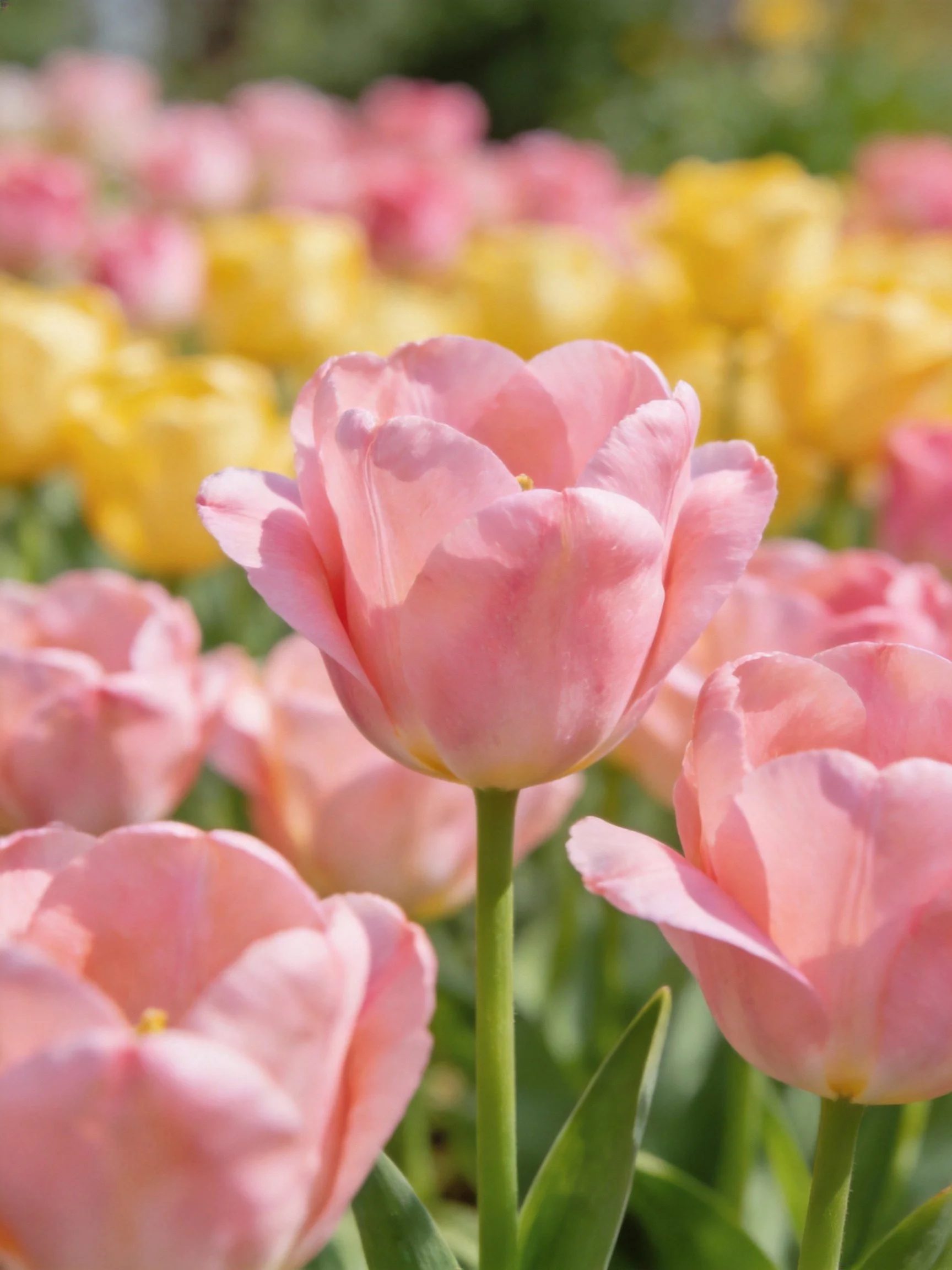 Pink tulips stand out among yellow tulips in a bright garden