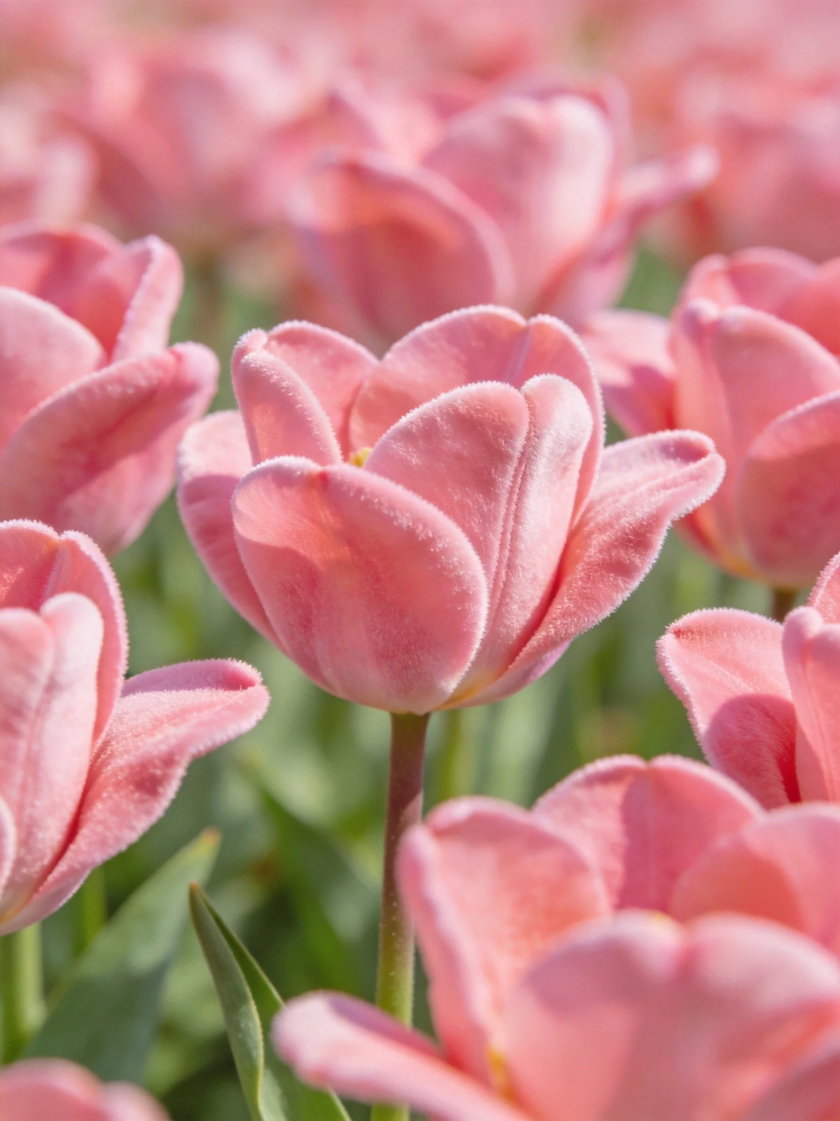 Pink tulips with fuzzy petals in a green field