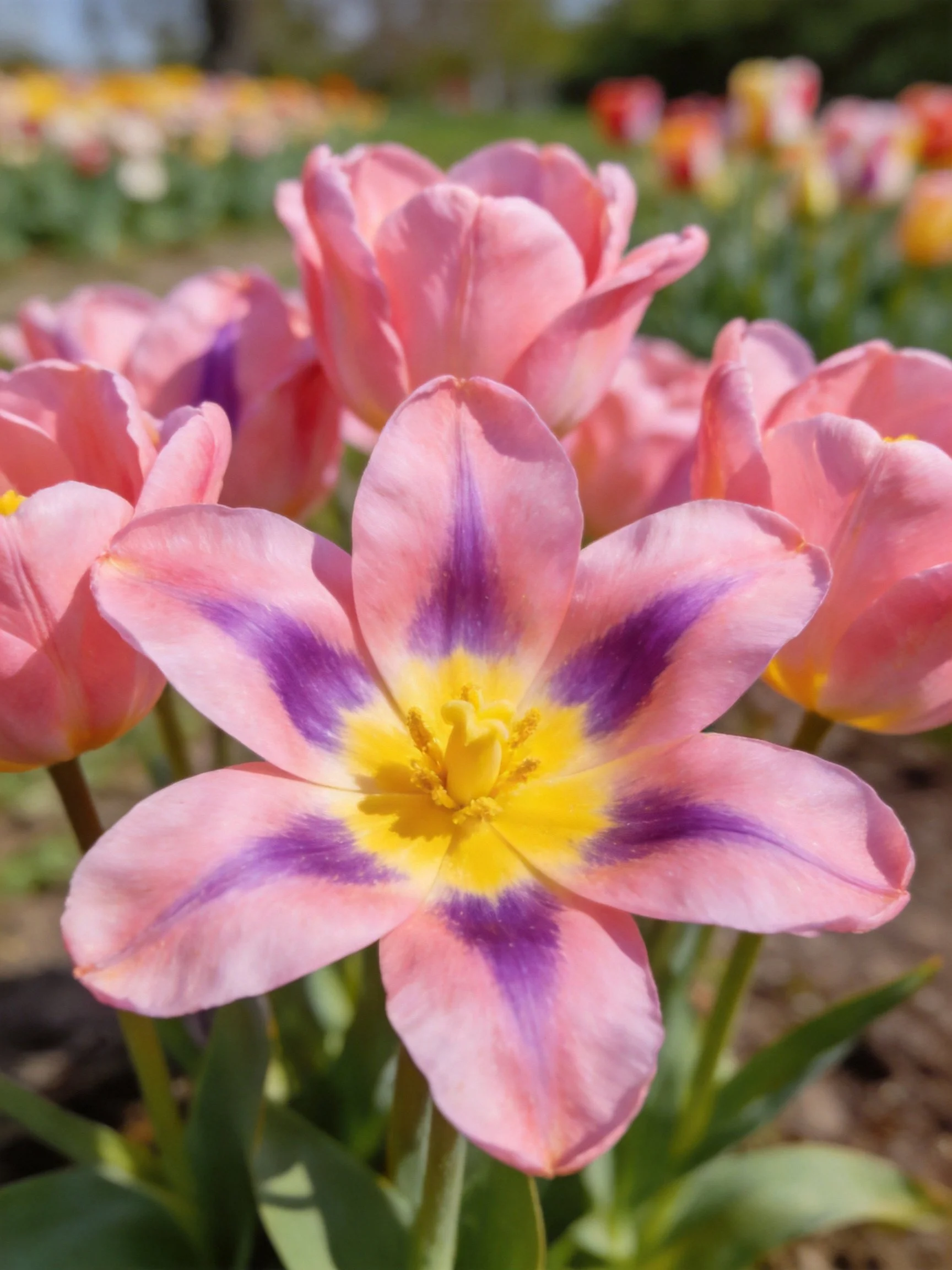 Pink tulips with purple and yellow centers blooming in a garden