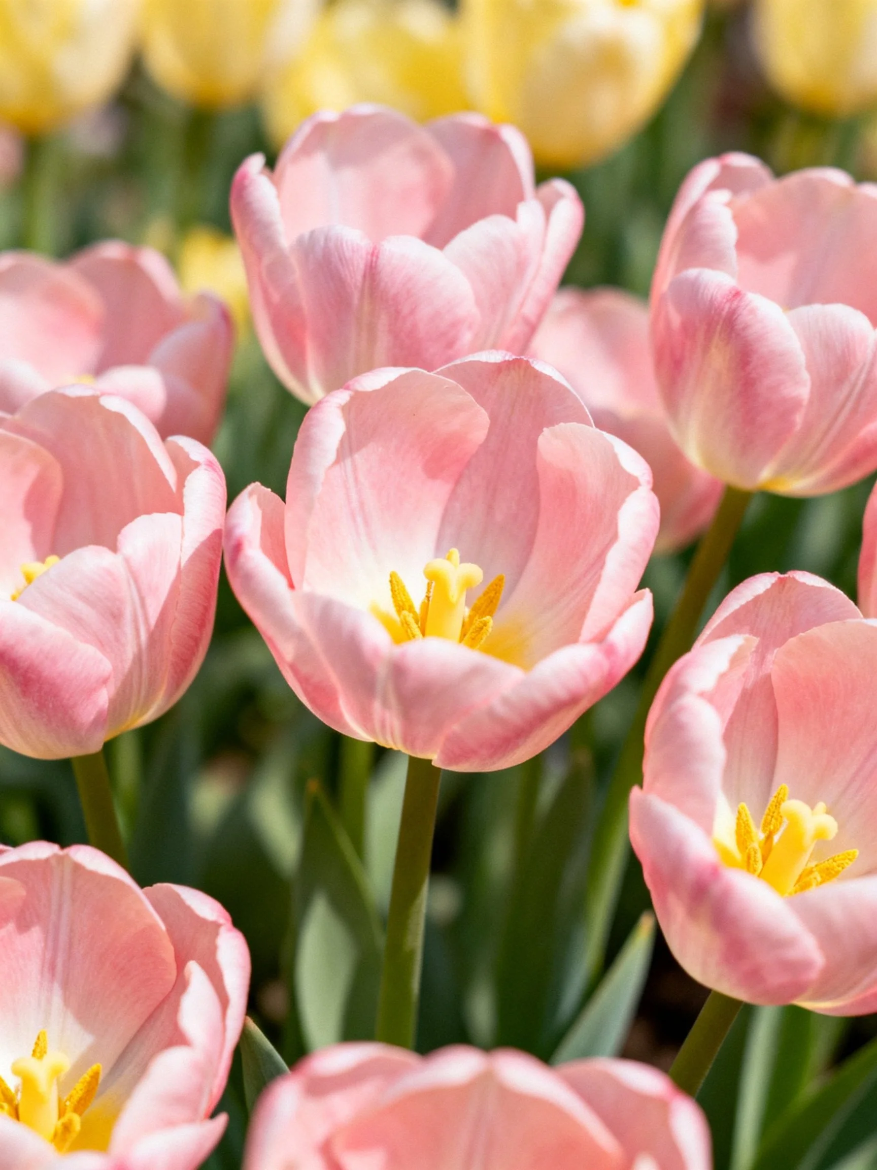 Pink tulips with yellow centers blooming in a sunlit garden