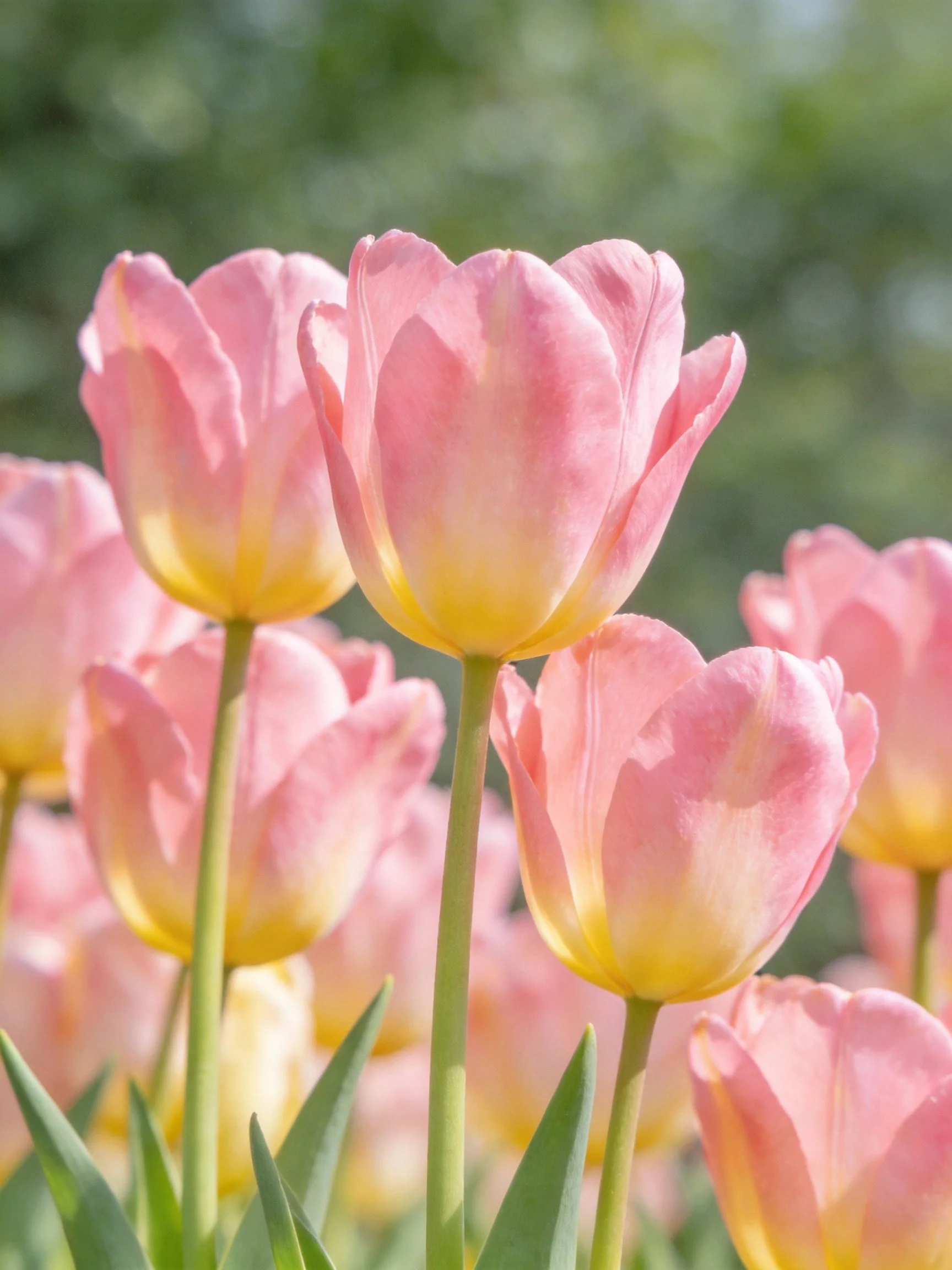 Pink tulips with yellow centers blooming in a sunlit garden