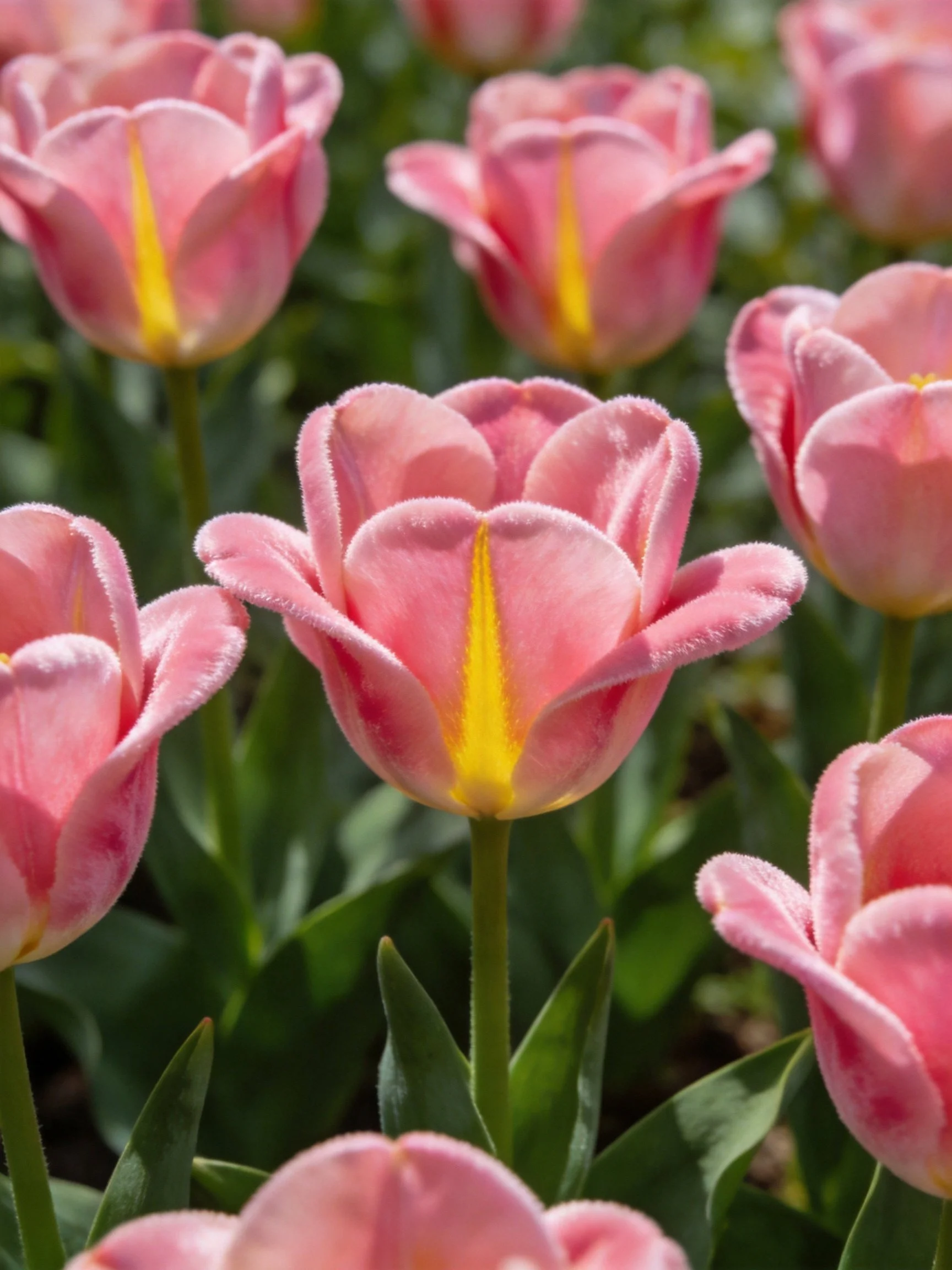 Pink tulips with yellow centers clustered in a verdant garden