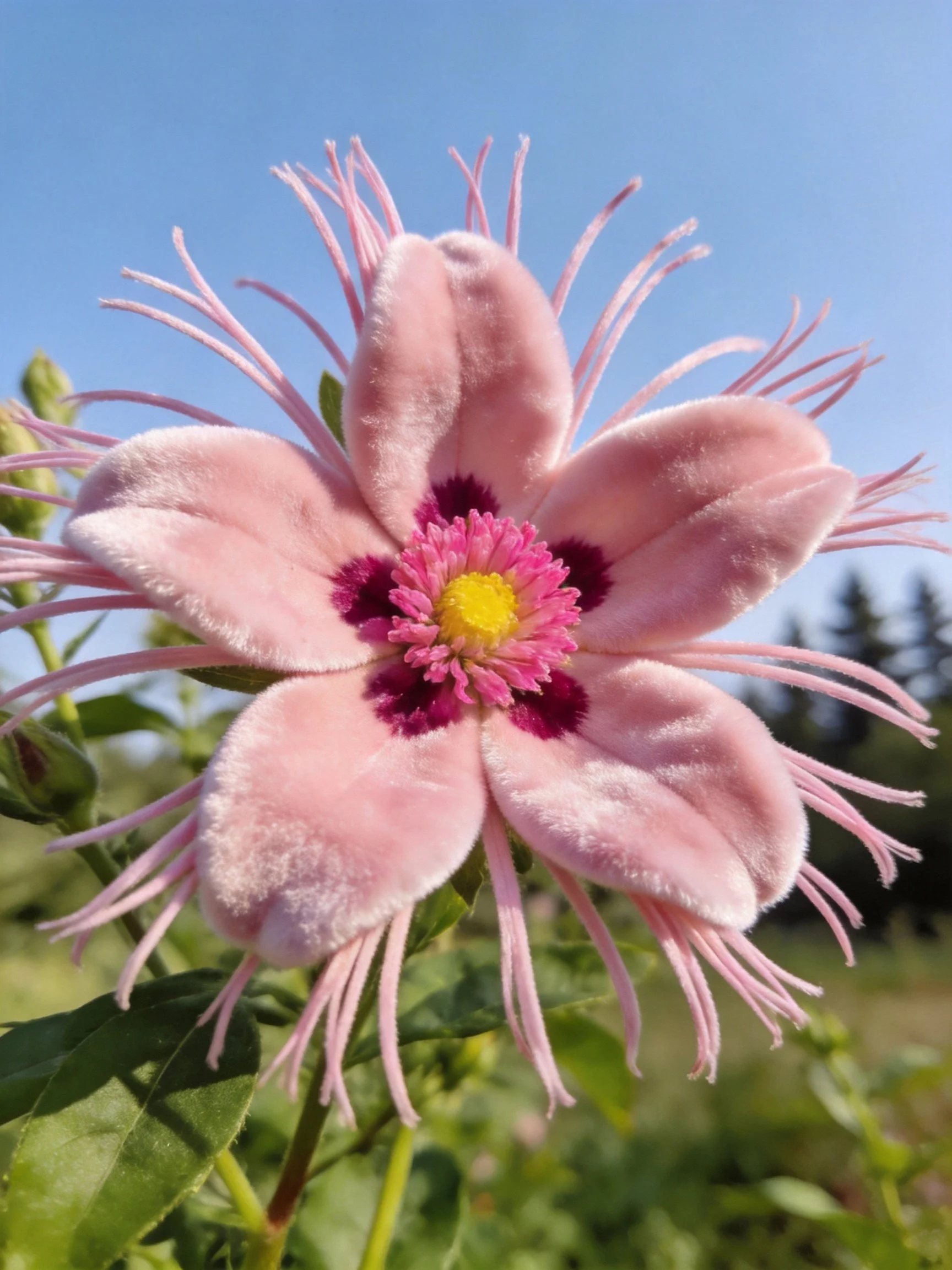 Pink velvet flower with purple and yellow floral center