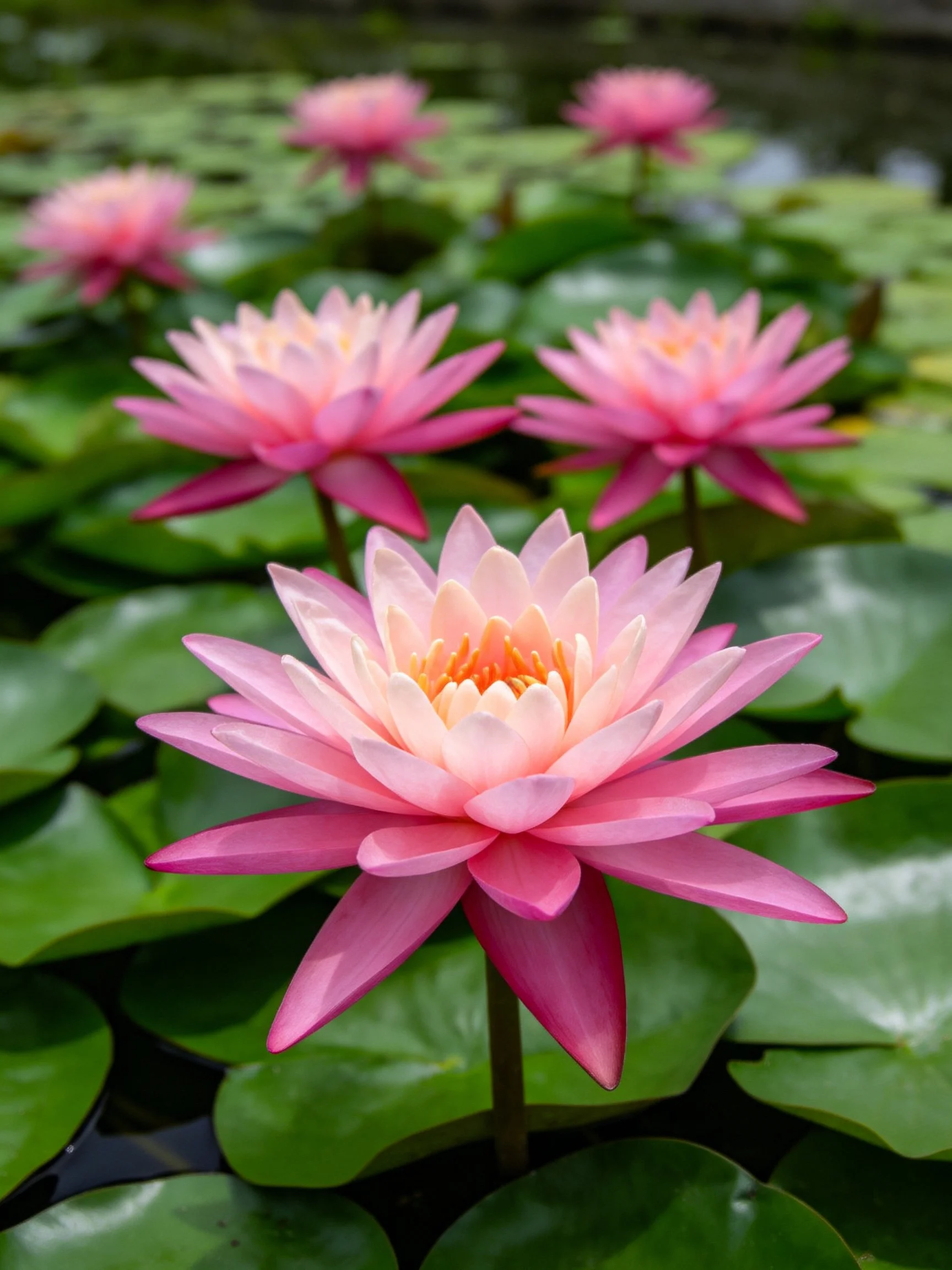 Pink water lilies blooming among lush green lily pads