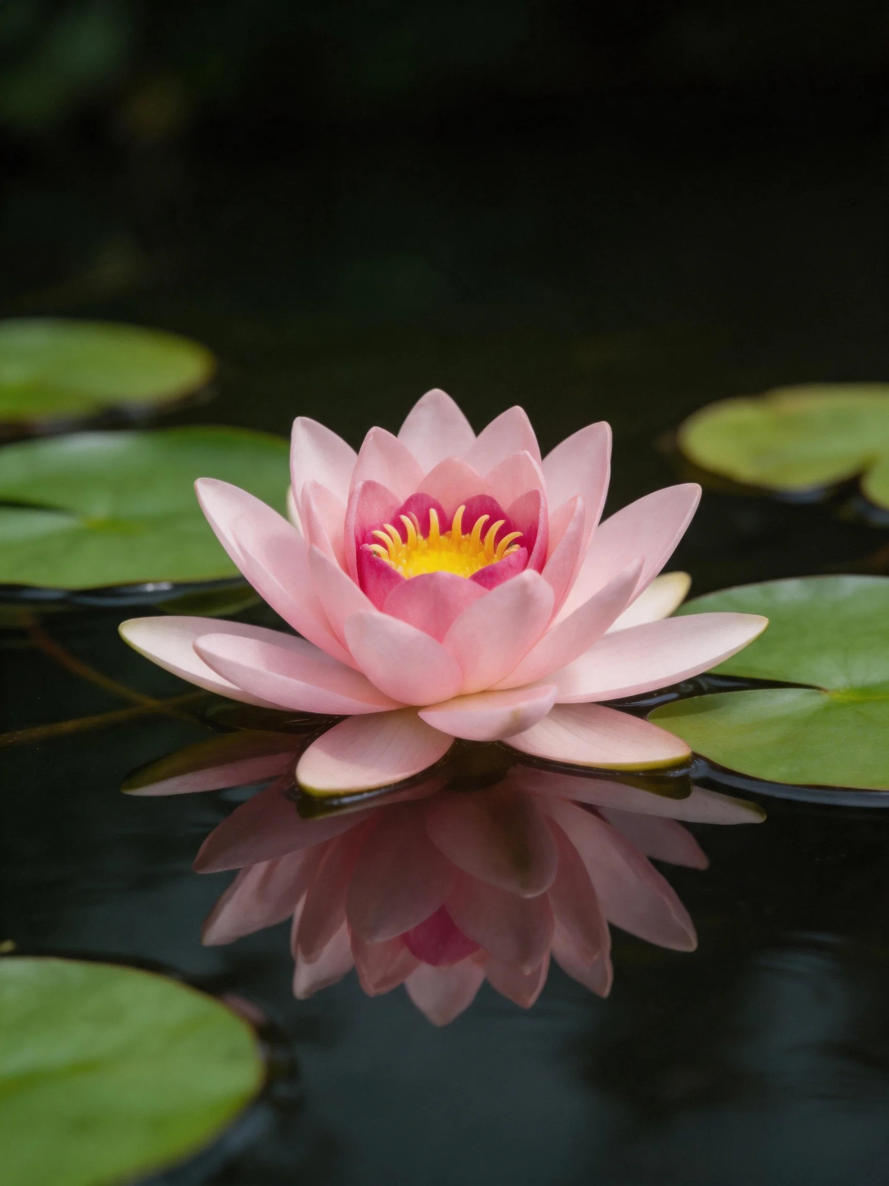 Pink water lily blooming amid green lily pads on dark water