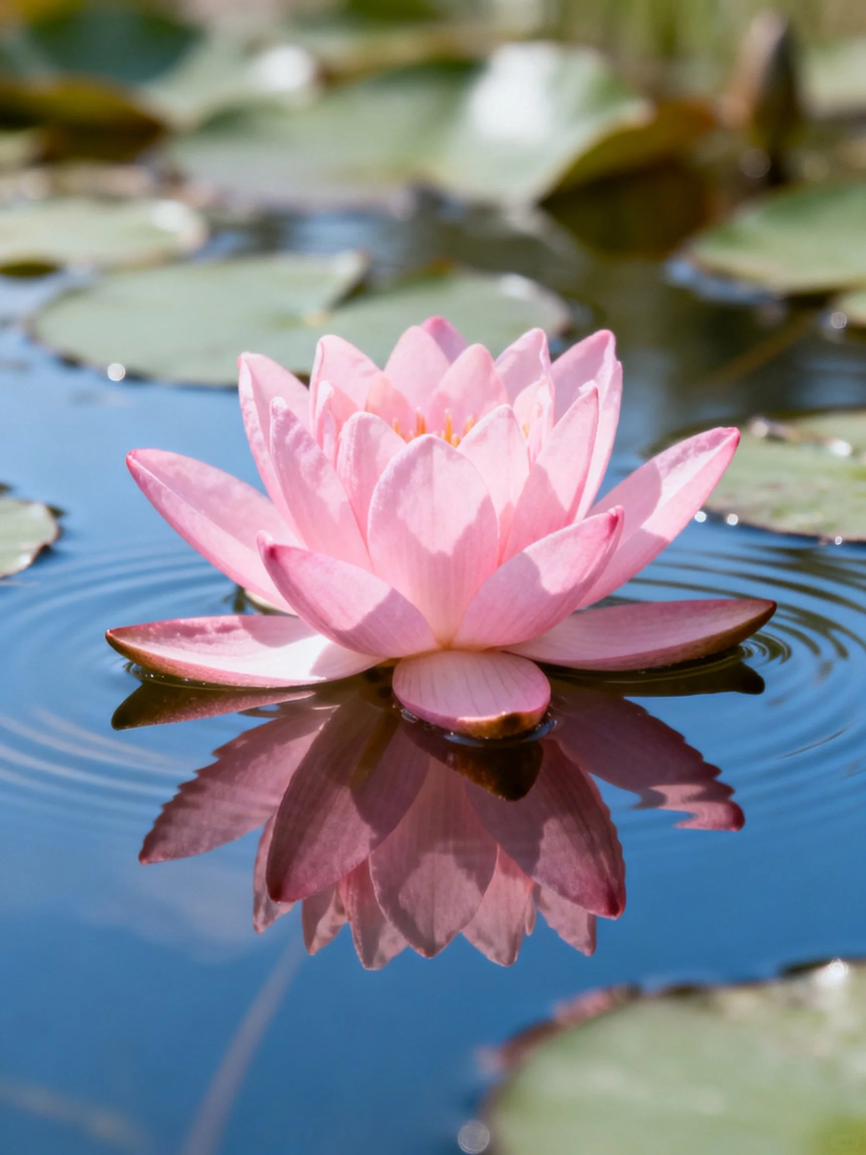 Pink water lily blooming on calm water with green lily pads