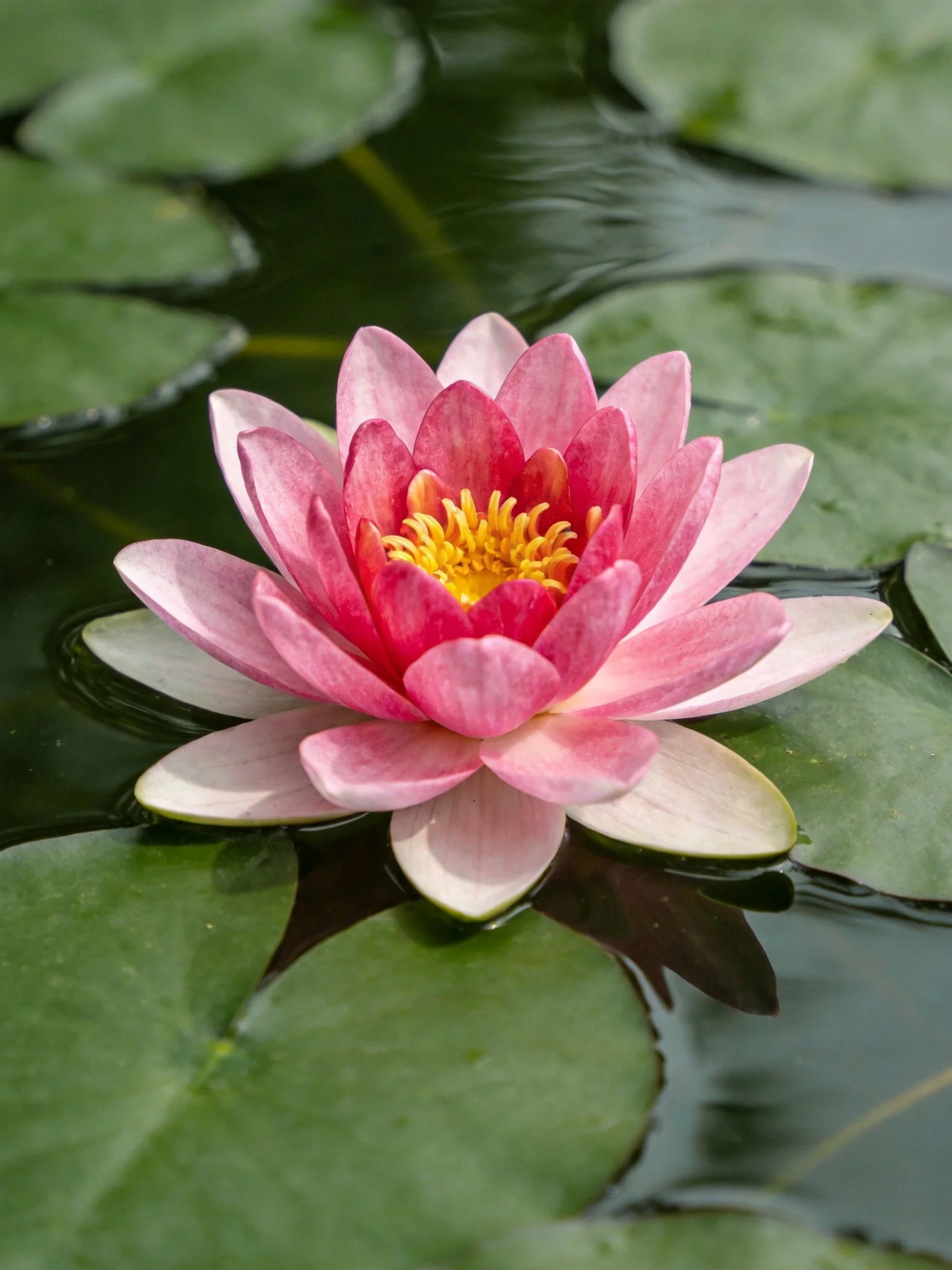 Pink water lily blooms amid green lily pads in still water