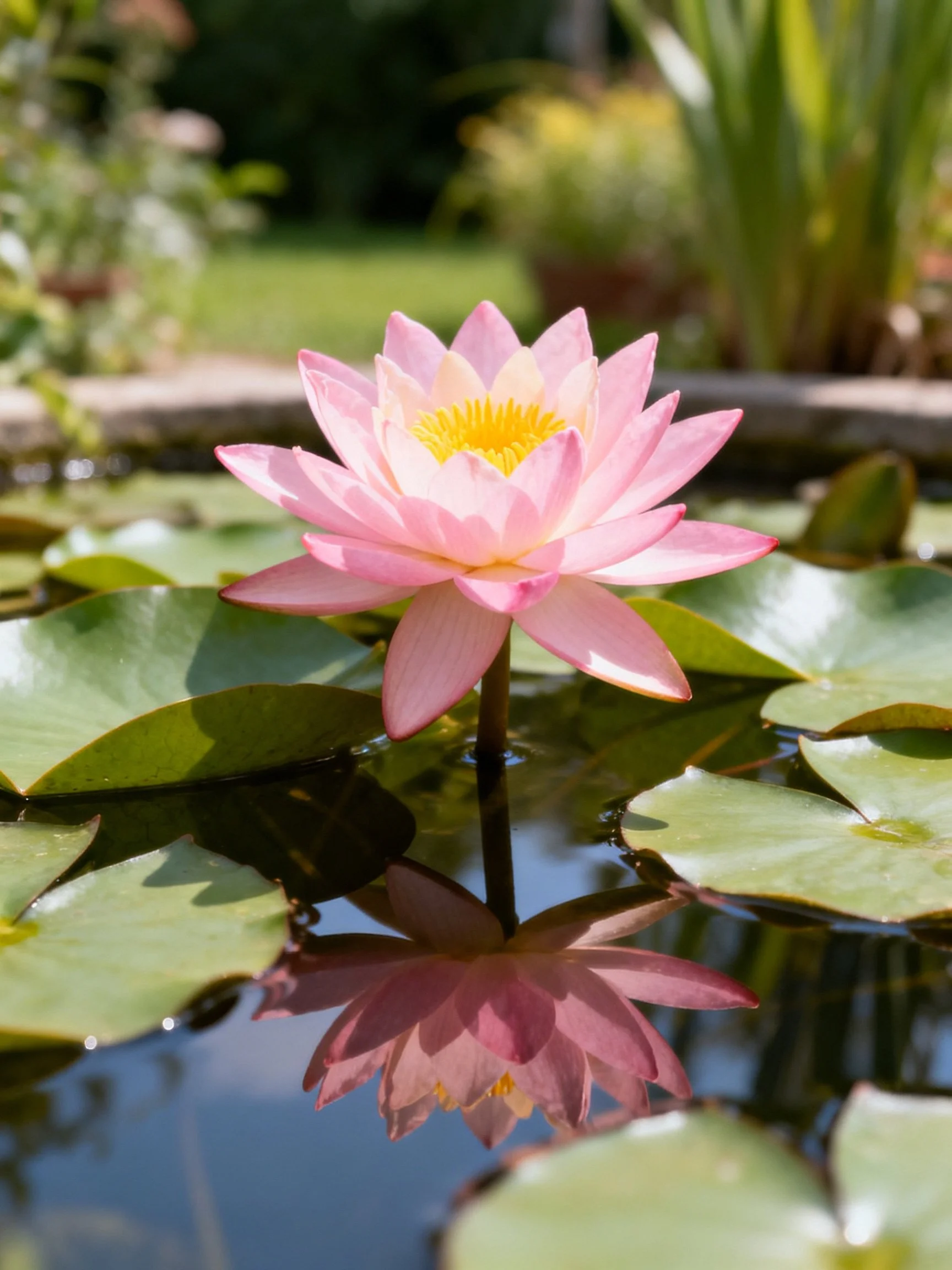 Pink water lily blooms among green lily pads in a reflective pond