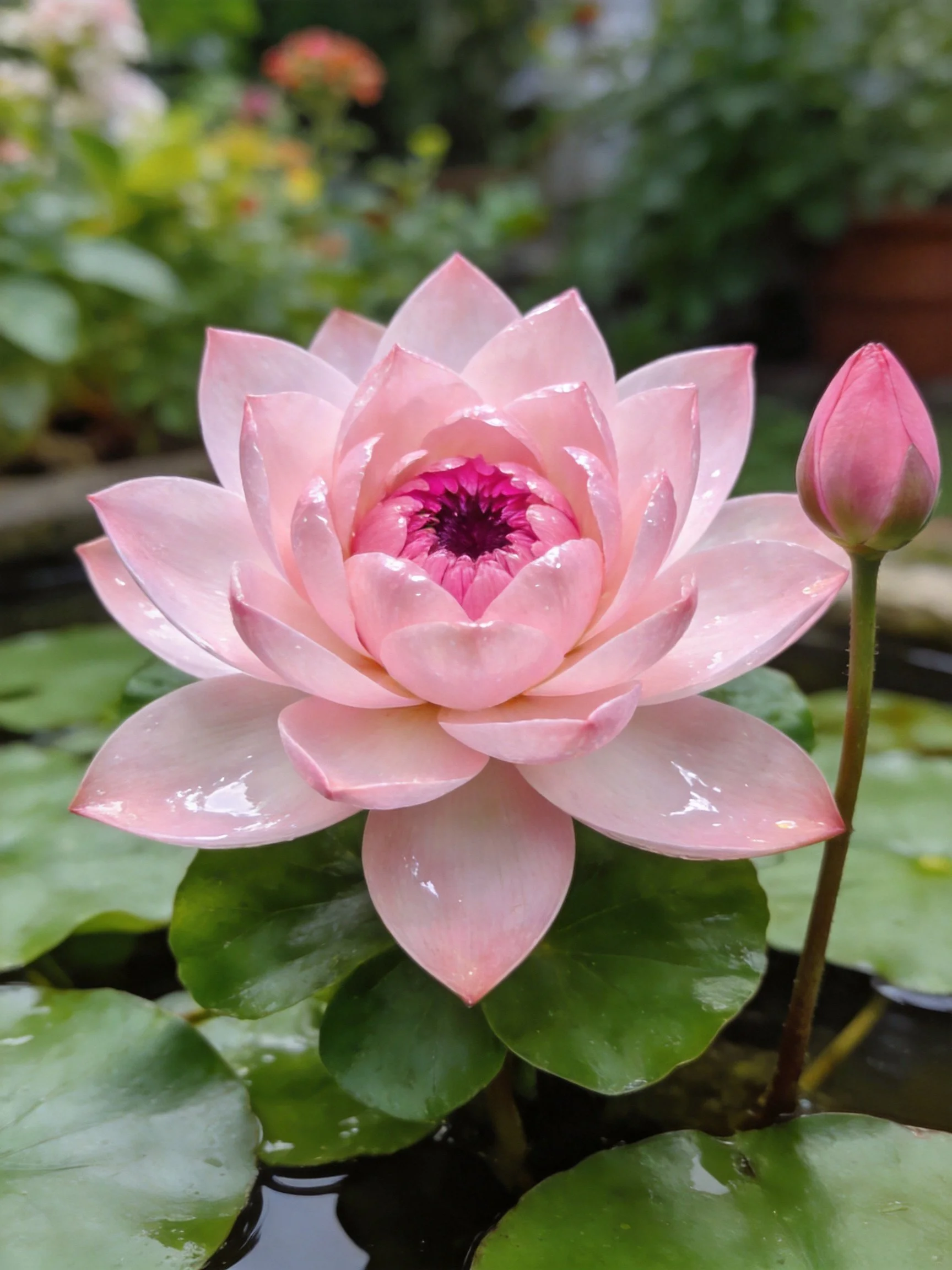 Pink water lily in full bloom with a closed bud nearby