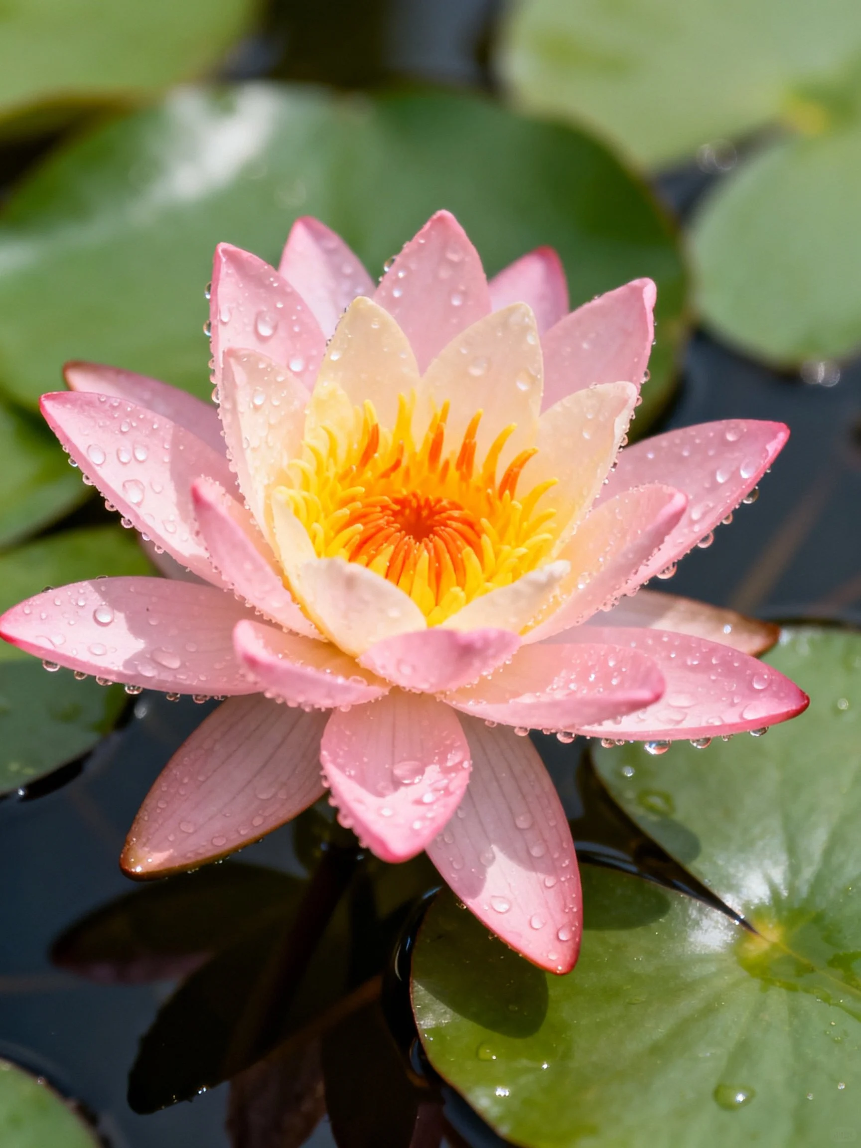 Pink water lily with dew drops and green lily pads