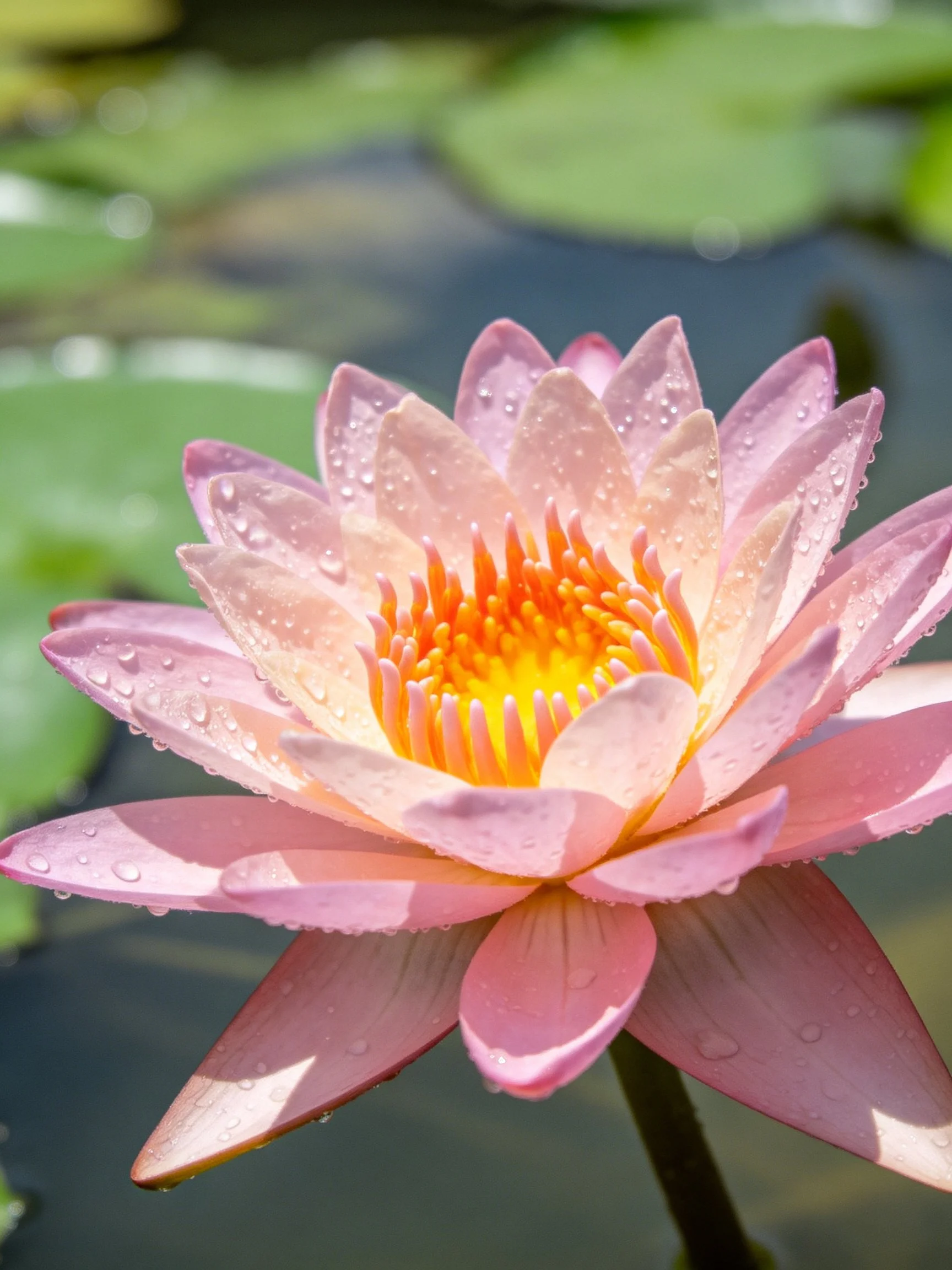 Pink water lily with dew drops blooming among green lily pads
