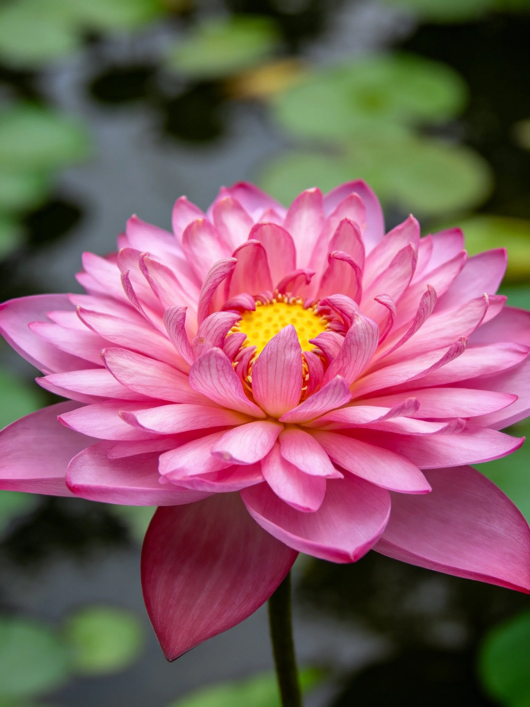Pink water lily with layered petals and yellow center