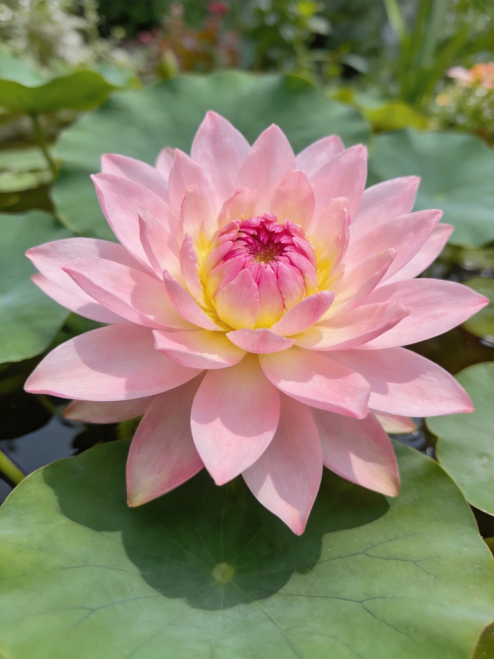 Pink water lily with yellow center amidst large green leaves