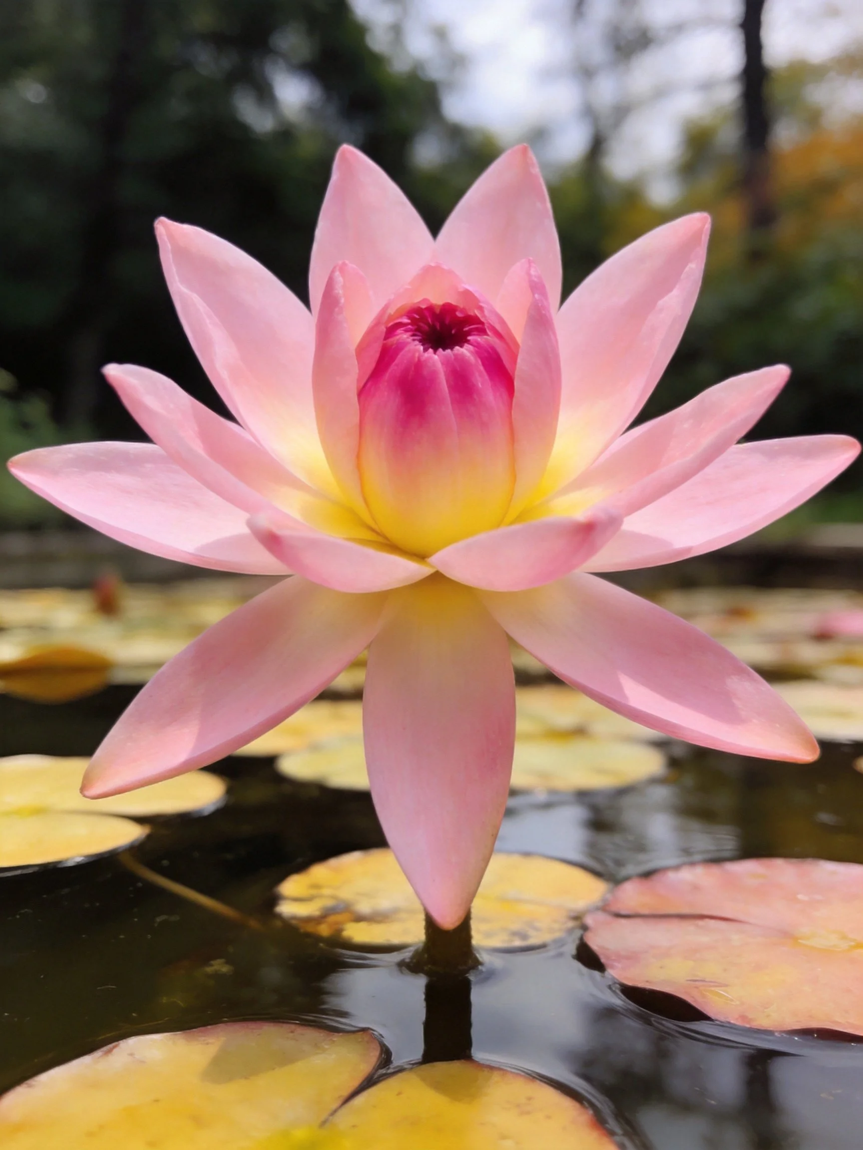 Pink water lily with yellow center among lily pads in calm water